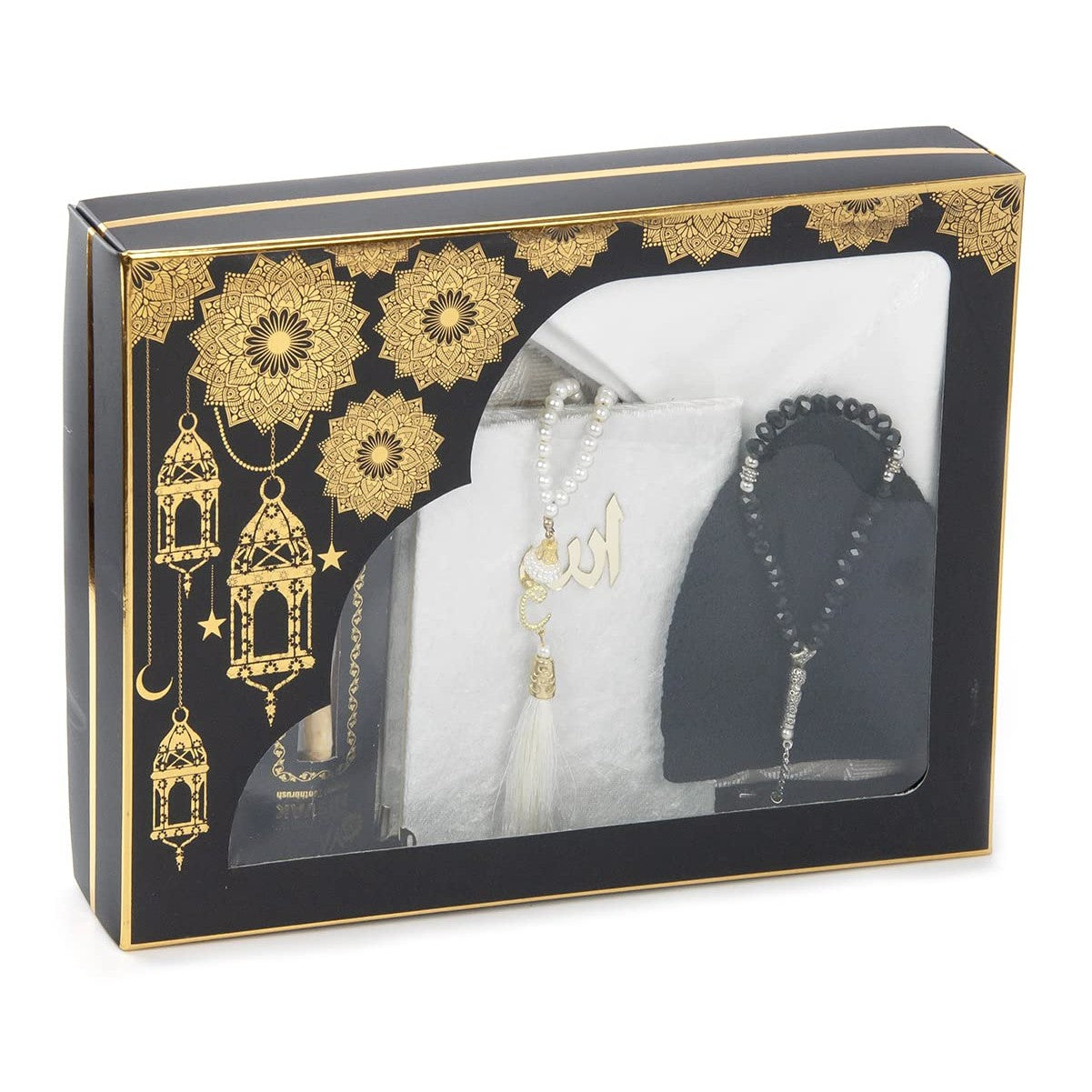 ihvan online Prayer Gift Box for Hajj and Umrah, Muslim Prayer Rug, Islamic Mat, 99 & 33 Pearly Beads Tesbih, Yaseen Book, Miswak, Hijab, Islamic Deluxe Set for Ramadan & Eid Gift, White/Set 1 - Medaid International
