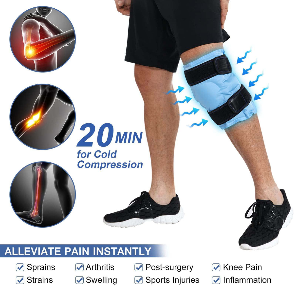 KASTWAVE Ice Pack for Knee Injuries, Reusable Gel Cold Compress Knee Wraps for Knee Injuries, Swelling, Pain Relief, Compression Brace for Injuries
