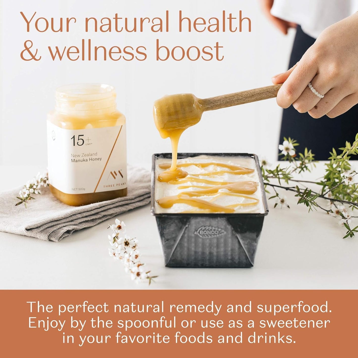 Three Peaks Manuka Honey New Zealand - Certified UMF 15+ - MGO 514+ - 8.8 oz (250g) - 100% Natural honey, Raw honey – Ultra Premium, Healing Manuka honey (Amber Jar) - Medaid International