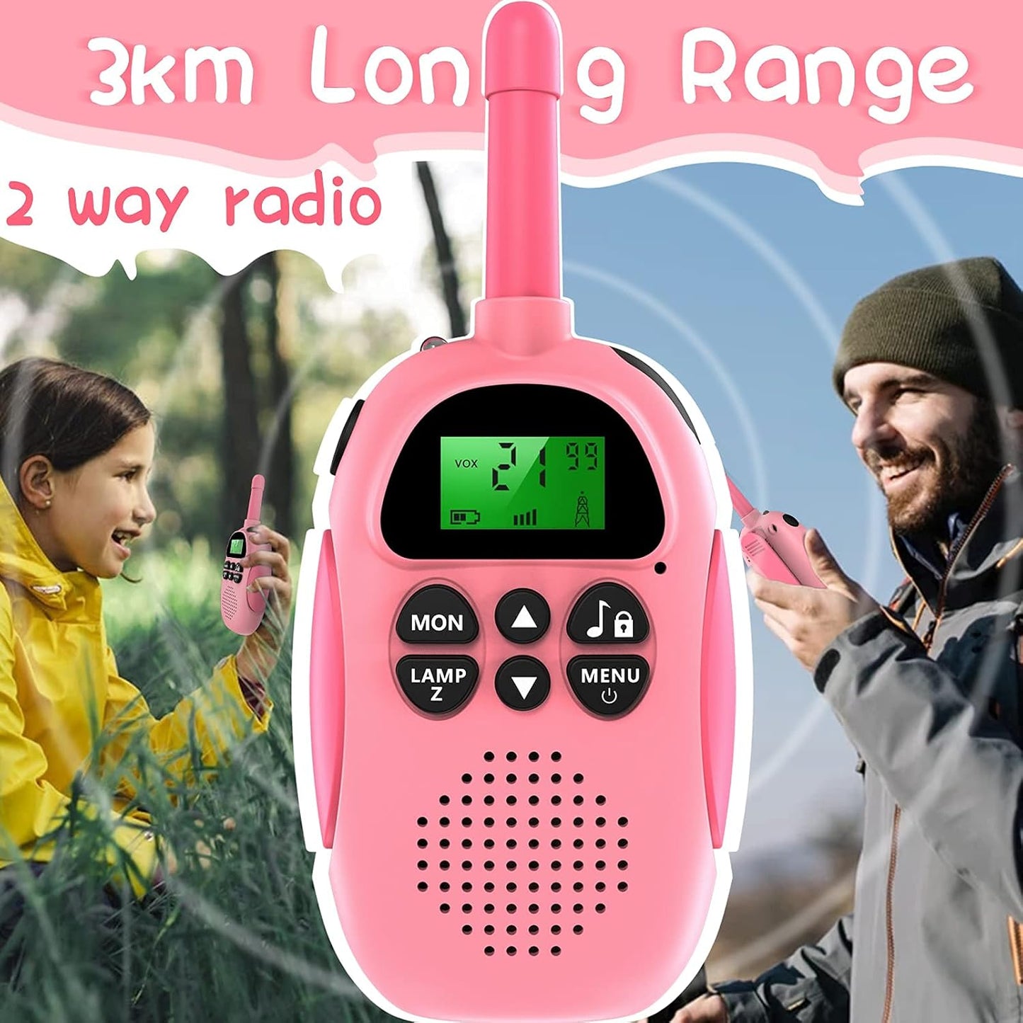 ULEWAY Walkie Talkie for Kids Rechargeable Radio 3km Range, Boy Girl Toy 4-12 Years 16 Channels, Walky Talky for Outdoor Adventure, Camping, Hiking 2 Pieces Pink Blue