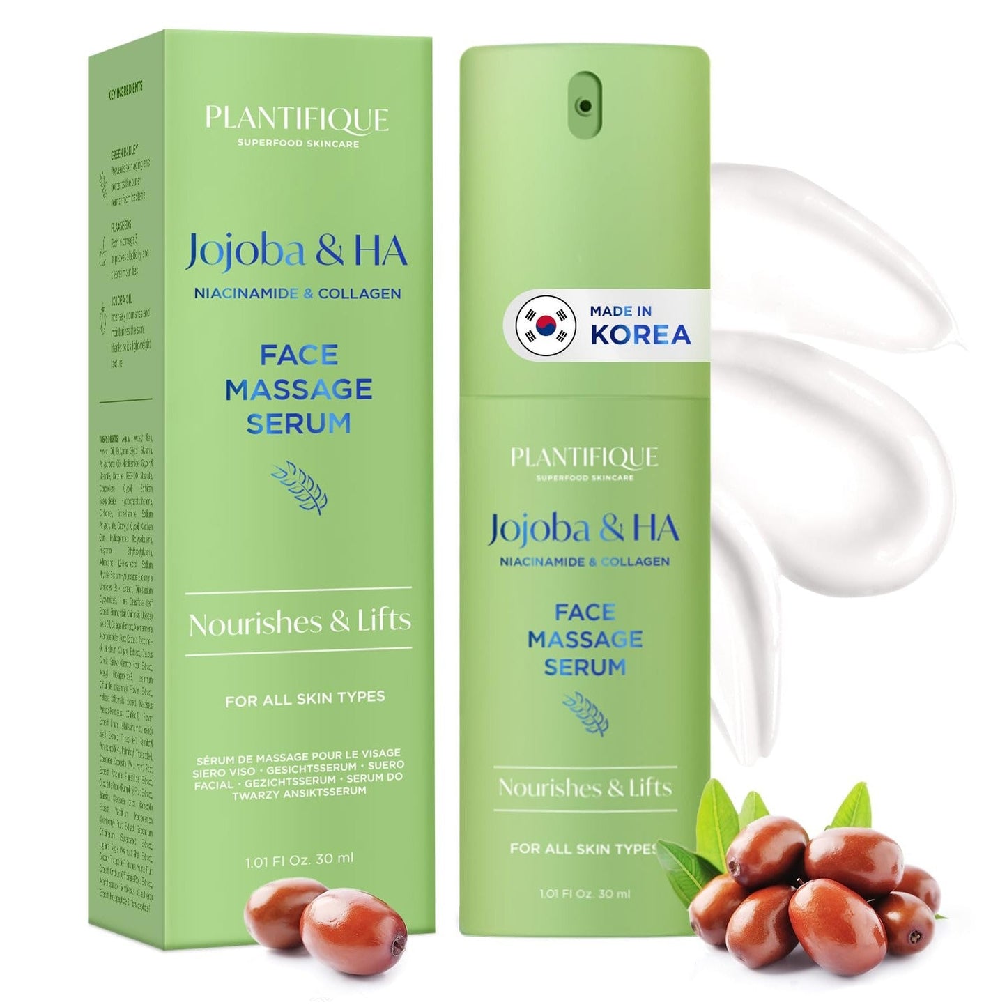 PLANTIFIQUE Korean Jojoba Oil & Hyaluronic Acid Face Massage Serum – Hydrating Anti-Aging Collagen & Niacinamide Formula – Perfect for Gua Sha Facial Massage – Gift for Men & Women - Medaid International