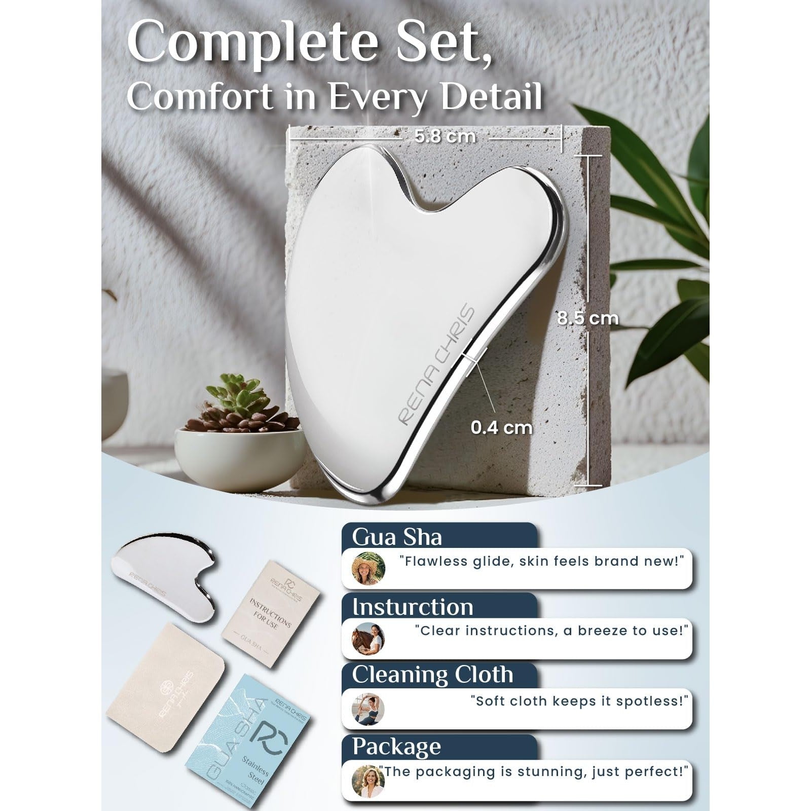 Rena Chris Gua Sha Facial Tools, Stainless Steel Guasha Tool for Acupuncture, Manual Massage Tool for Jawline Sculpting and Puffiness Reducing, Gua Sha Facial Massage Tool, Skin-Care Gift - Medaid International