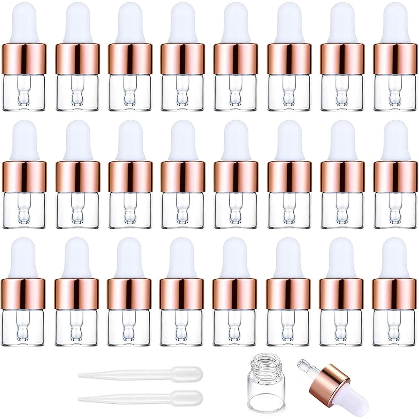 Yalbdopo 24Pcs, 1Ml Transparent Glass Sample Dropper Bottles, Empty Mini Bottles with Dropper Pipettes Gold Aluminum Alloy Cap Refillable Sample Container for Essential Oil Perfume Cosmetic Liquid - Medaid International