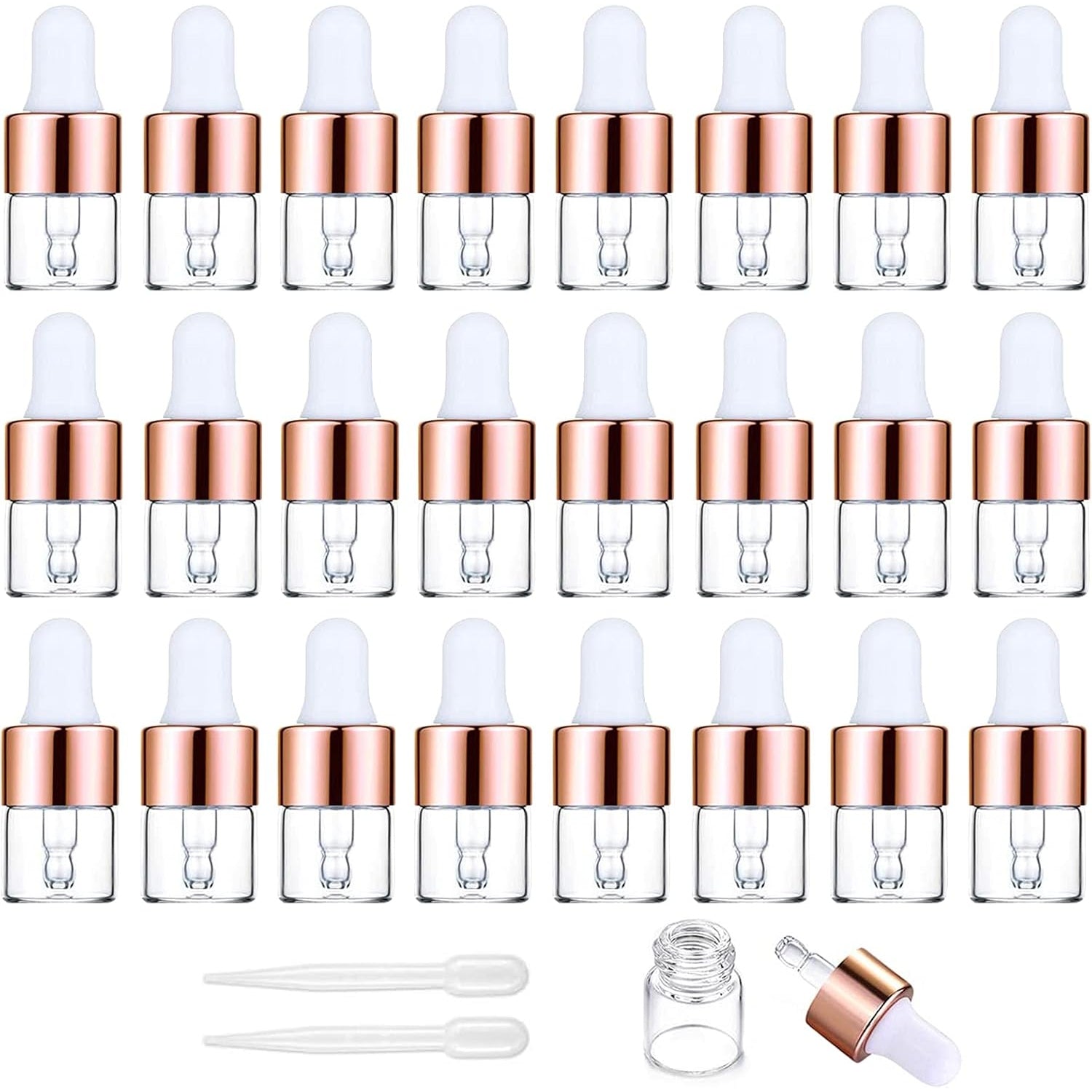 Yalbdopo 24Pcs, 1Ml Transparent Glass Sample Dropper Bottles, Empty Mini Bottles with Dropper Pipettes Gold Aluminum Alloy Cap Refillable Sample Container for Essential Oil Perfume Cosmetic Liquid - Medaid International