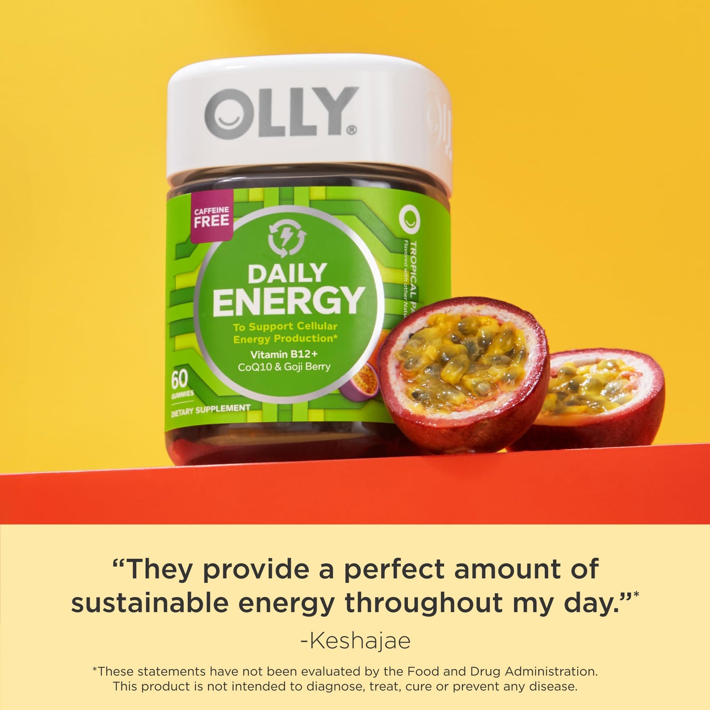 OLLY Daily Energy Gummy, Caffeine Free, Vitamin B12, CoQ10, Goji Berry, Adult Chewable Supplement, Tropical Flavor - 60 Count - Medaid International
