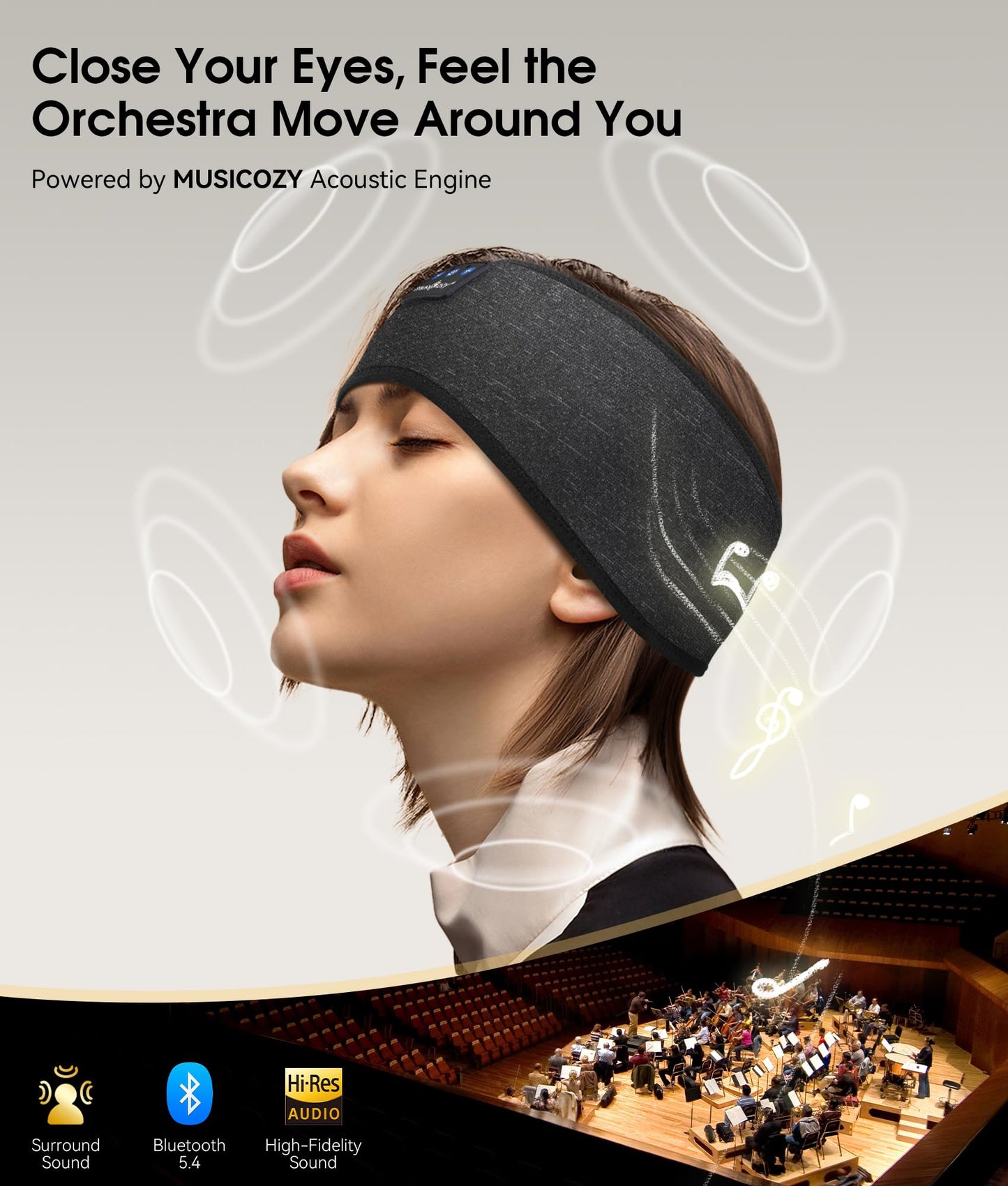 MUSICOZY Sleep Headphones Bluetooth 5.4 Headband, Wireless Earphones Music Sleep Earbuds Sleeping Eye Mask with HD Stereo Speakers for Workout Running Travel Yoga, Ideal Gifts (Double-Sided Black) - Medaid International