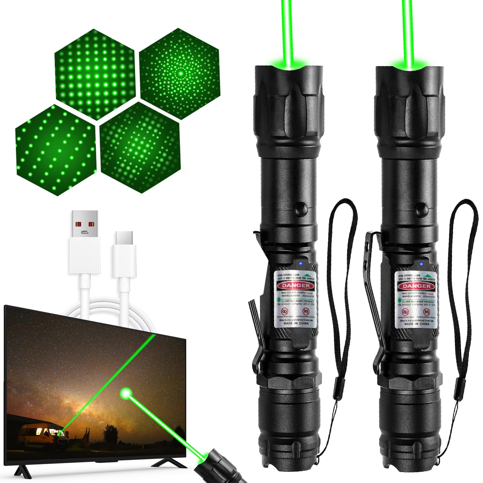 [2 Packs] Rechargeable Green Laser Pointer High Power Green Beam Light Long Distance Range for TV/LED/LCD Screens Tactical Flashlights Presentation Office/Outdoors/Astronomic/Construction [005] - Medaid International