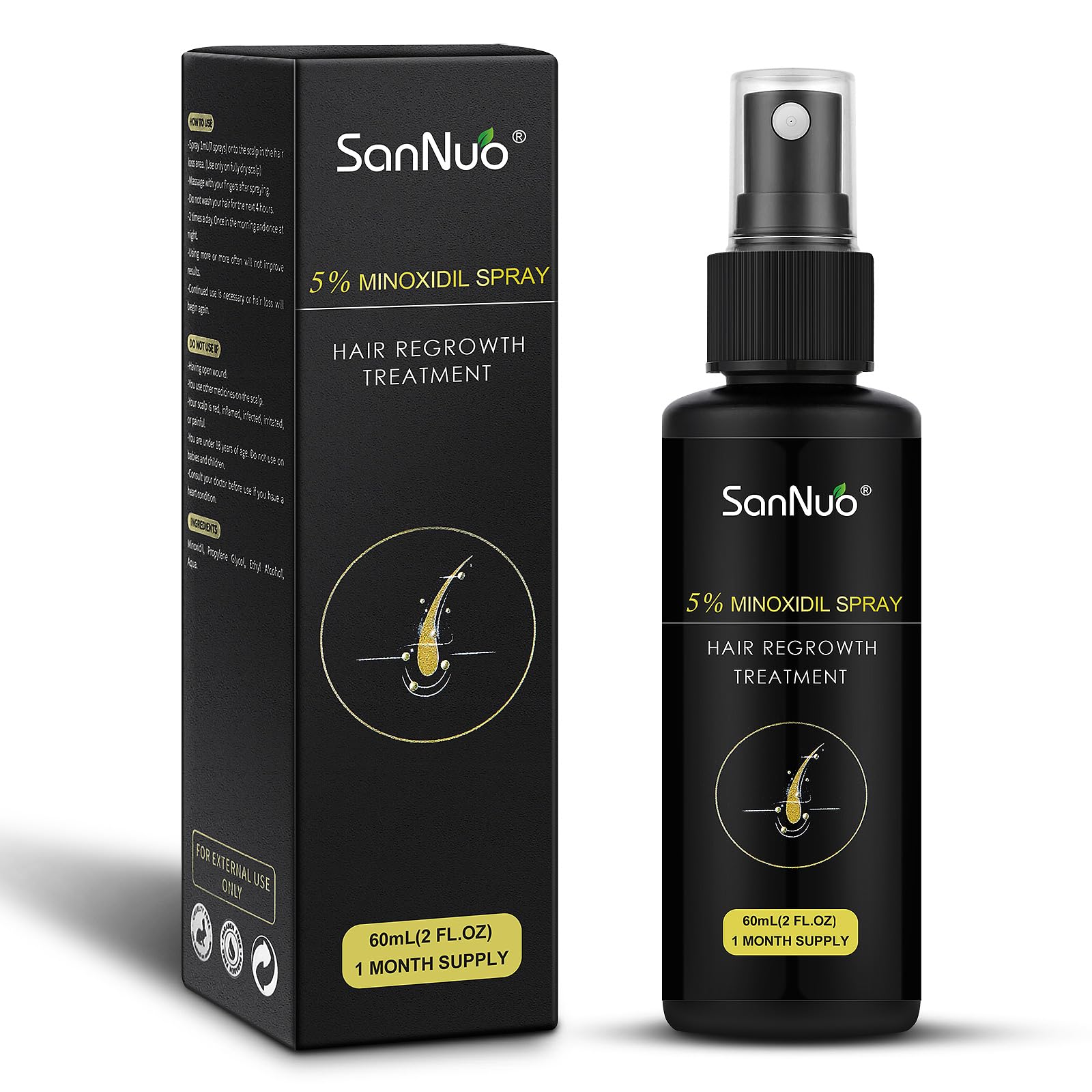 SANNUO 5% Minoxidil Hair Growth Spray for Men and Women Hair Regrowth Treatment for Stronger Thicker Longer Hair Help to Stop Thinning and Loss Hair 1 Month Supply, 60mL(1 Pack of 60mL) - Medaid International