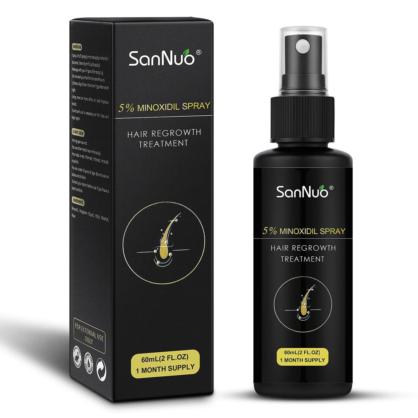 SANNUO 5% Minoxidil Hair Growth Spray for Men and Women Hair Regrowth Treatment for Stronger Thicker Longer Hair Help to Stop Thinning and Loss Hair 1 Month Supply, 60mL(1 Pack of 60mL) - Medaid International