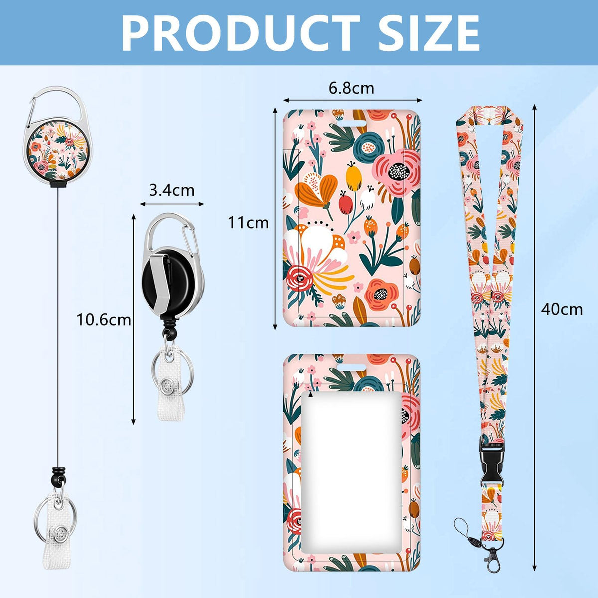 KASTWAVE Retractable Badge Holder with Lanyard, ID Card Holder Badge Reel Carabiner Clip with Lanyards Detachable Name Tag for Office, Teachers, Students, Nurses (Pink Flower)