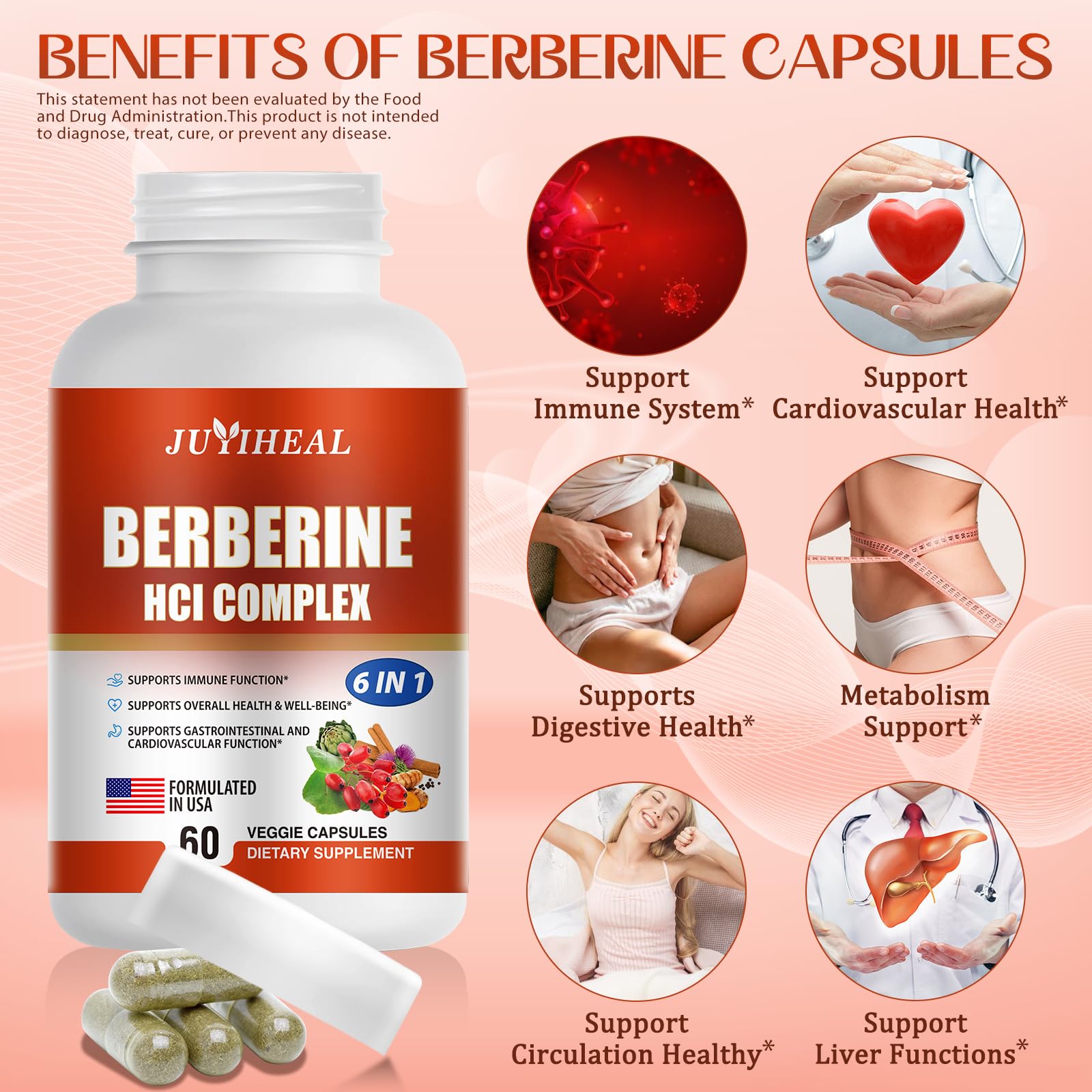 JUYIHEAL 2Pack Berberine with Ceylon Cinnamon, Turmeric, Milk Thistle, Artichoke, Black Pepper, Berberine Supplement for Support Immune System - 120 Capsules Berberine HCI - Medaid International