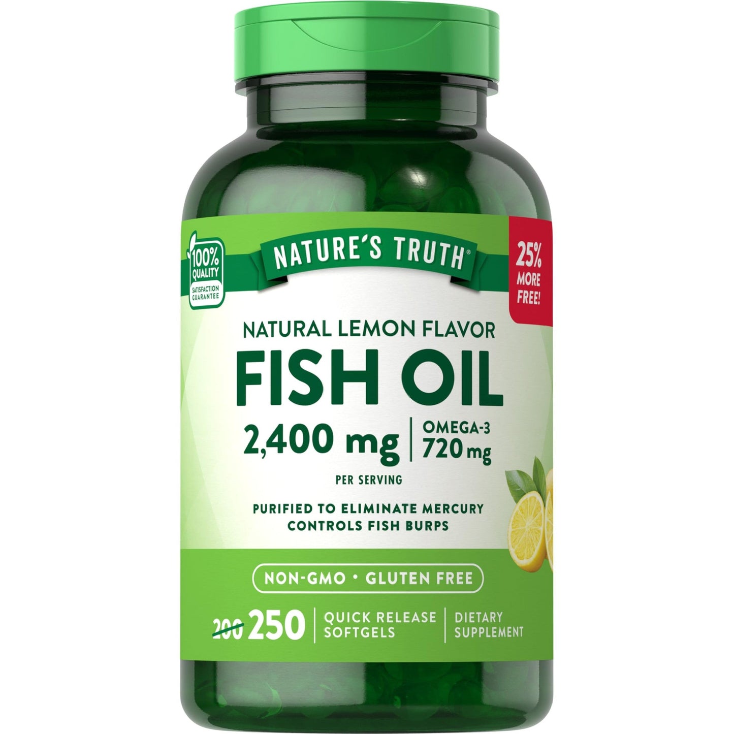 Nature's Truth Burpless Fish Oil 2400mg | 250 Softgels | 720 mg Omega 3 | Natural Lemon Flavor Pills | Non-GMO & Gluten Free Supplement - Medaid International