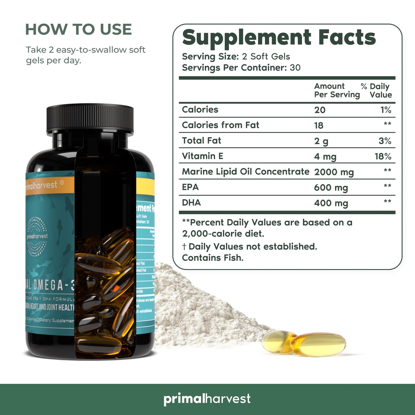 Primal Harvest Omega 3 Fish Oil Supplements, 30 Servings Soft Gels Capsules w/ 1000mg EPA + DHA Supplements, No Fishy Burps Non-GMO Omega 3 Fatty Acid, 2 Pack - Medaid International