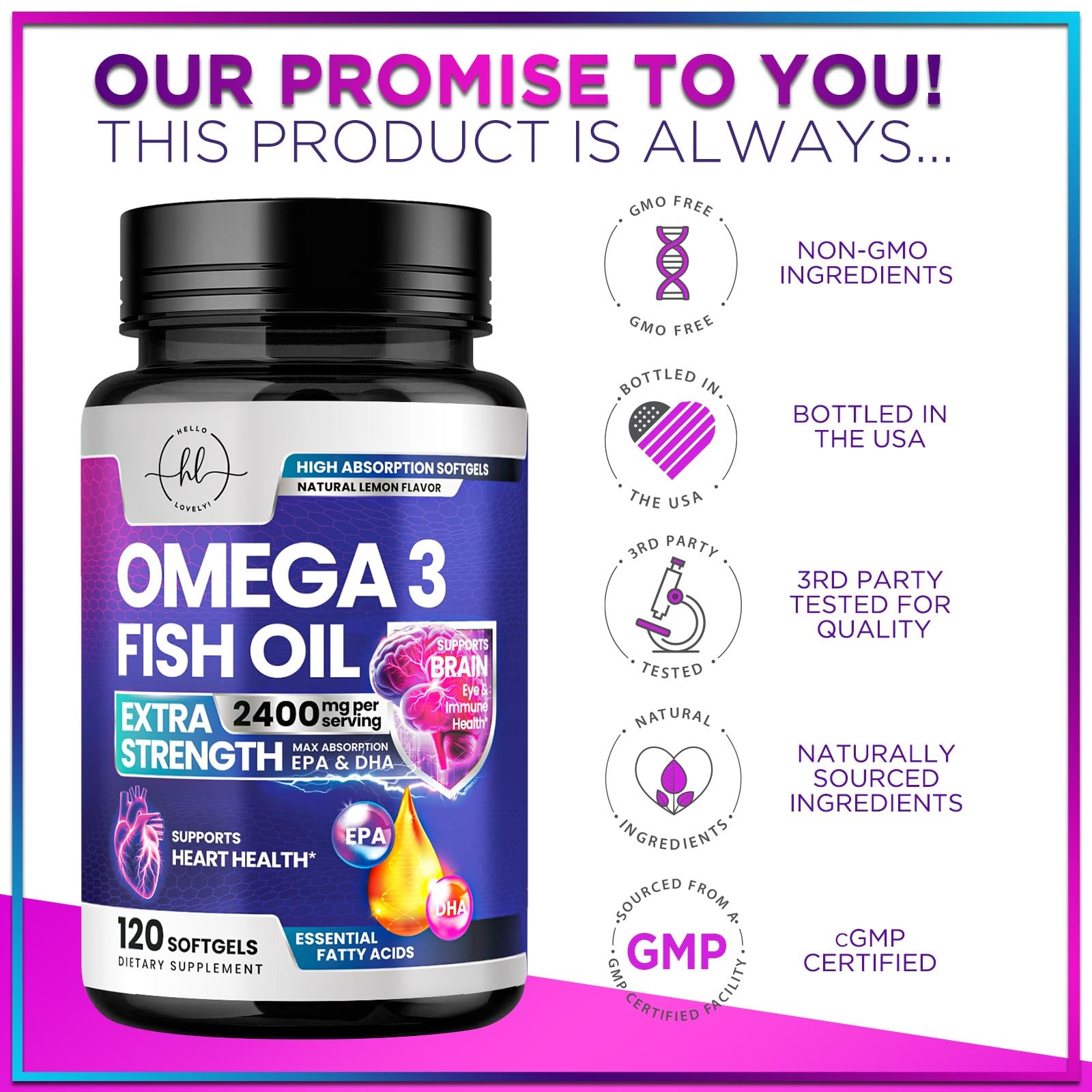 Omega 3 Fish Oil Supplements 2400mg - Triple Strength Omega 3 Fatty Acids, Natural Heart Health Brain & Joint Support - Fatty Acids with EPA & DHA - Wild Caught Fish Oil Supplement - 120 Softgels - Medaid International