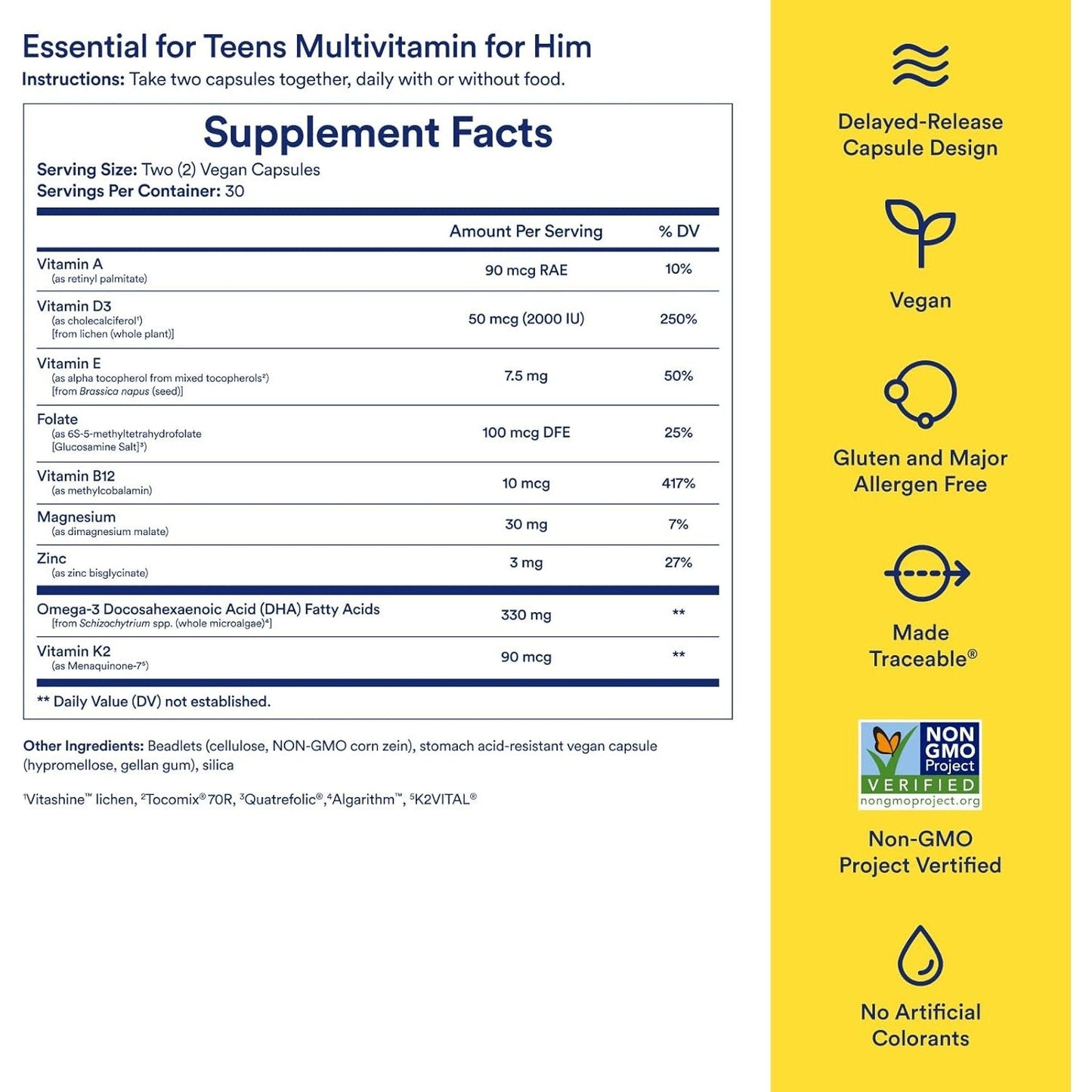 Ritual Teen Vitamins for Boys - Zinc, Vitamin A and D3 for Immune Function Support*, Omega-3 DHA & B12 for Brain Health, Non-GMO, Mint Essenced, 30 Day Supply, 60 Vegan Capsules - Medaid International