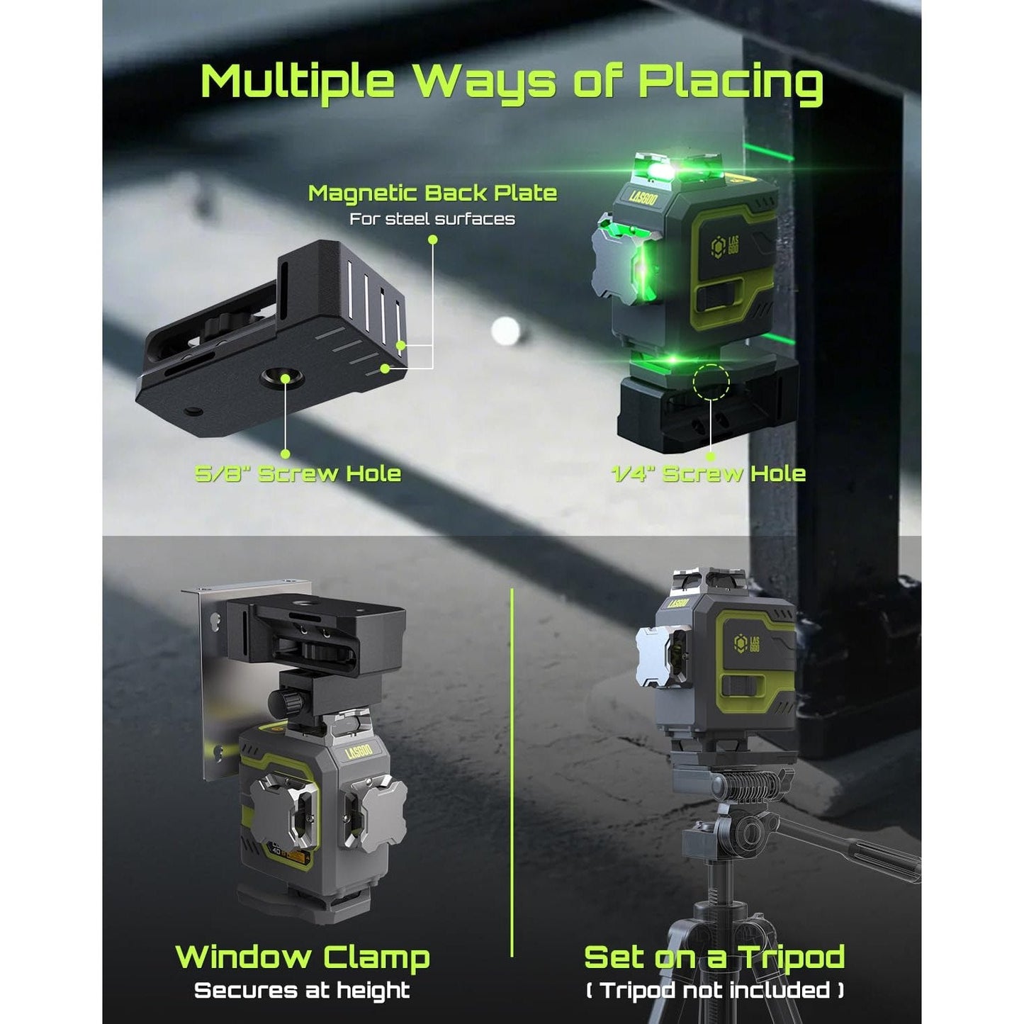 LasGoo LG-4D 16 Green Beam 4x360° Laser Level, Self-Leveling Tool with Horizontal and Vertical Dual Layout, Ideal for Construction and Picture Hanging, Magnetic Pivot Bracket Included - Medaid International