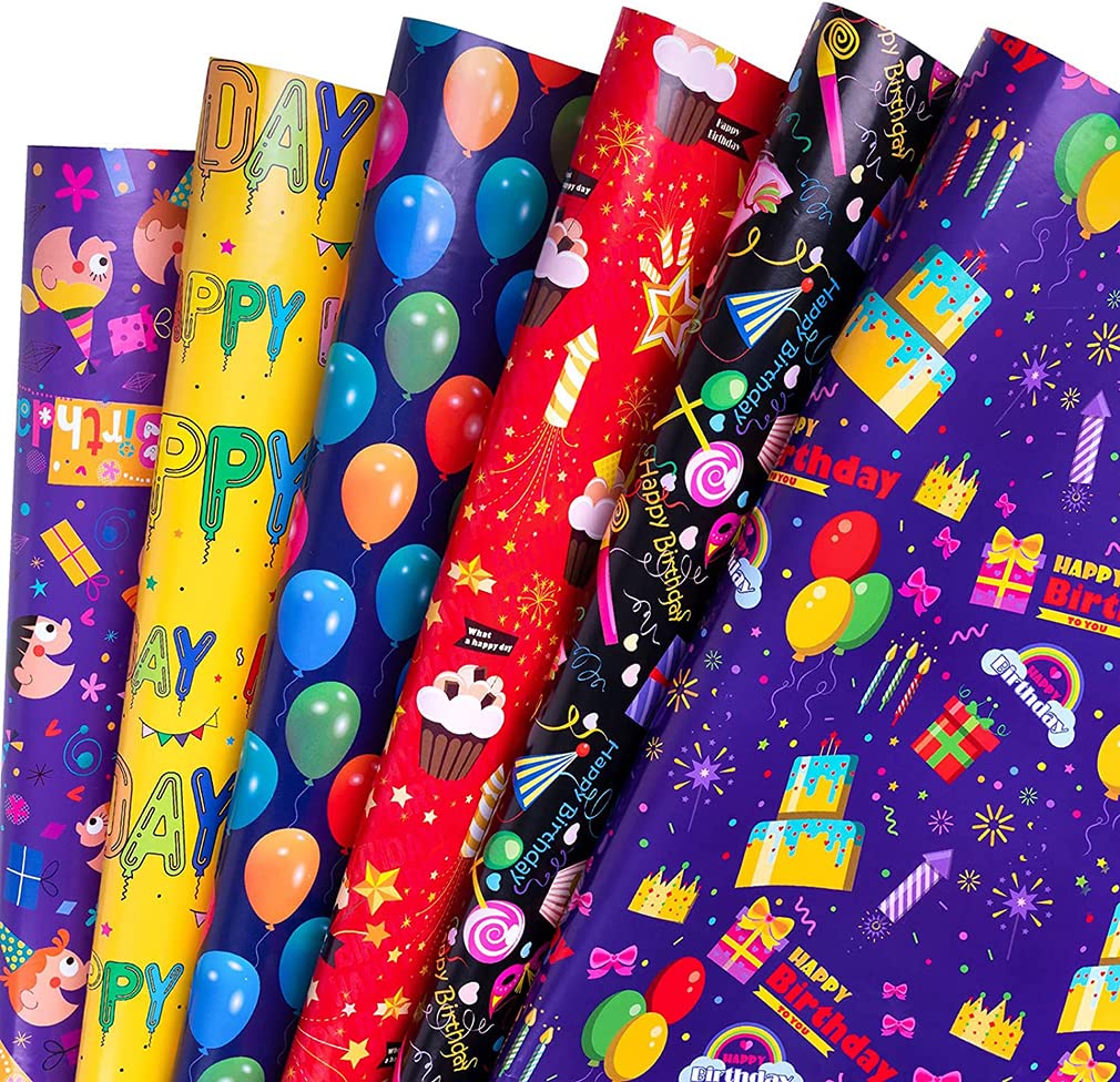 KASTWAVE Gift Wrapping Paper Roll Included 6 Pack for Birthday, Holiday, Wedding, Graduations, Party, Kids Gift Wrapping, 50 X 70 cm Per Sheet