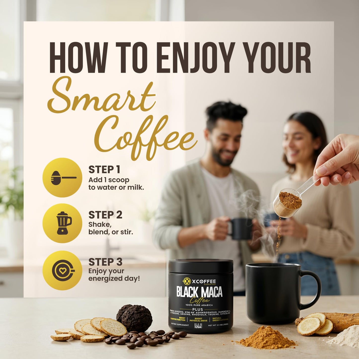 X COFFEE Instant Black Maca Coffee for Men and Women – Maca Coffee Powder - Instant Coffee Blend with Maca Root, Ashwagandha, Ginseng, Huperzine A, Rhodiola, Taurine, Uridine, Citicoline & L-Tyrosine - Medaid International
