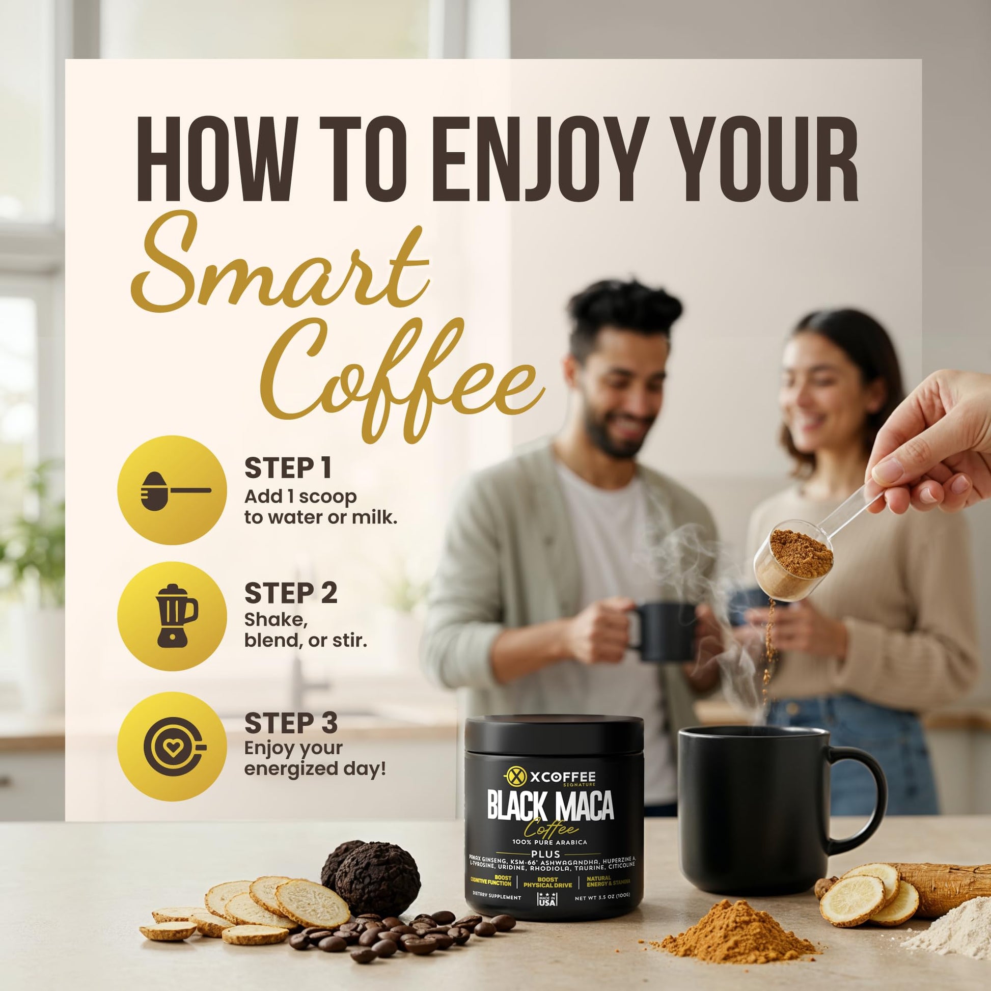 X COFFEE Instant Black Maca Coffee for Men and Women – Maca Coffee Powder - Instant Coffee Blend with Maca Root, Ashwagandha, Ginseng, Huperzine A, Rhodiola, Taurine, Uridine, Citicoline & L-Tyrosine - Medaid International