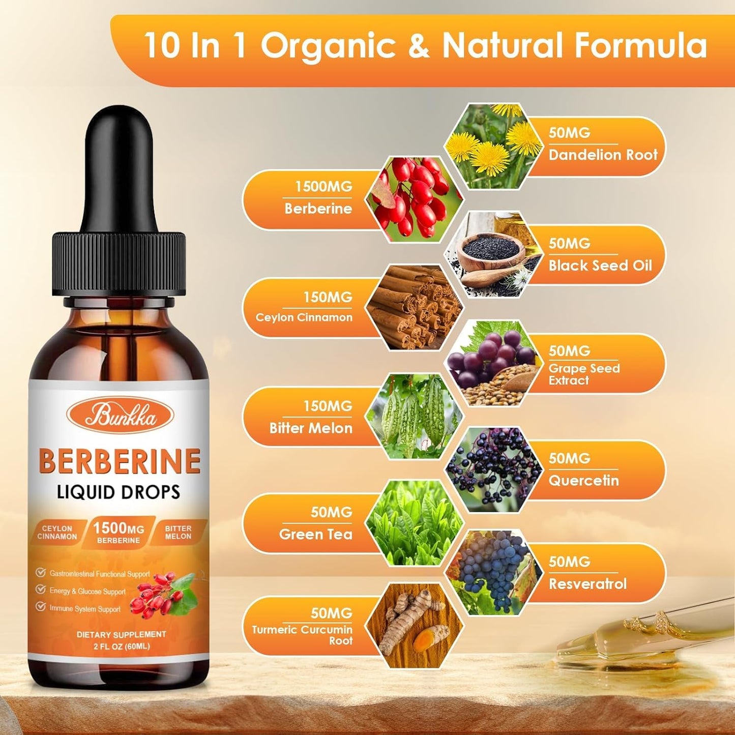 Bunkka (2 Pack) Berberine Supplement, Berberine Liquid Drops with Ceylon Cinnamon, Bitter Melon, Sugar-Free & Vegan Supplement Supports Immune System & Gastrointestinal Care - 4 FL Oz - Medaid International