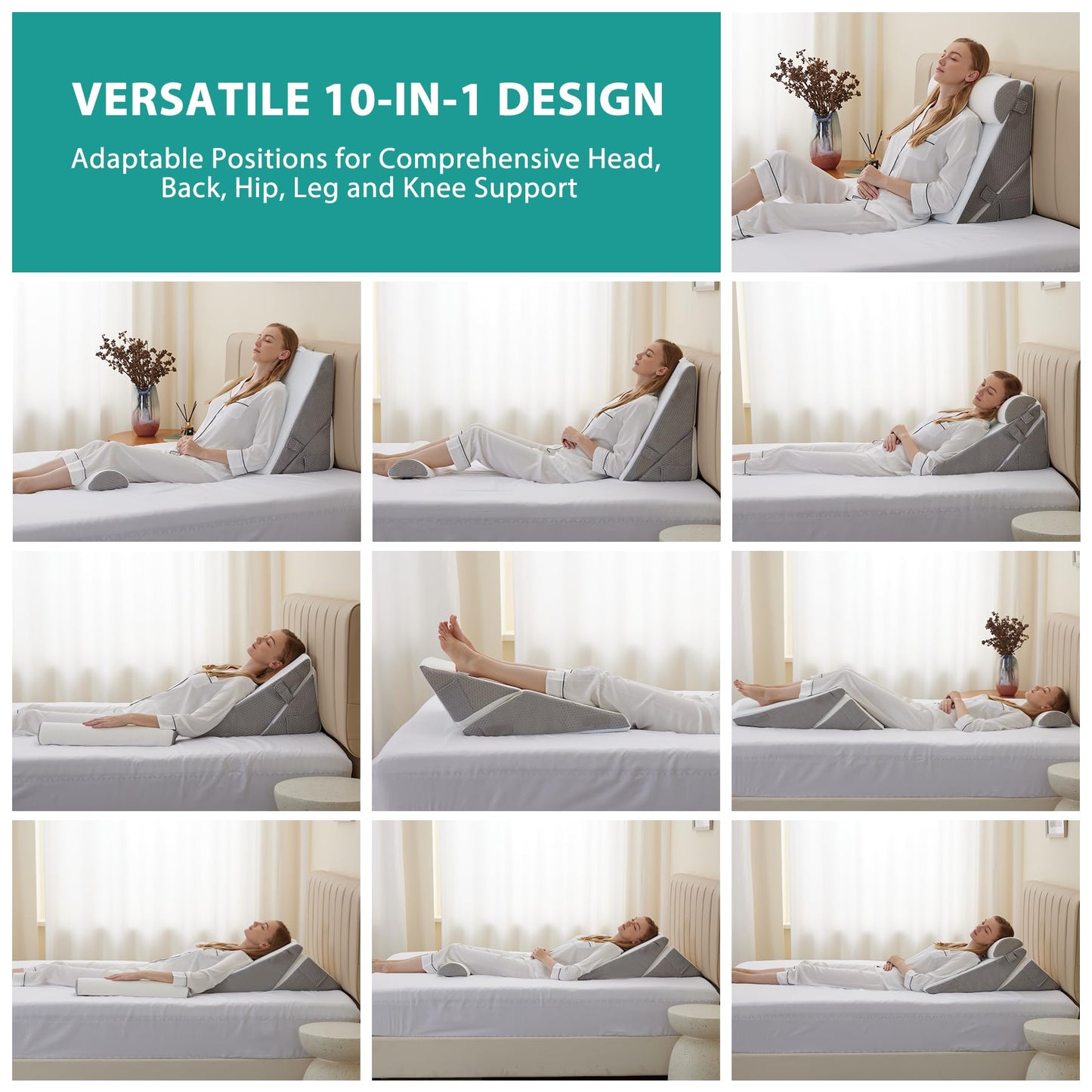 Bedluxe Wedge Pillow Headboard, 3PCS Orthopedic Bed Wedge Pillows Set for After Surgery, Adjustable Pillow Wedge for Acid Reflux&Back Pain Relief, Sleeping, Back Pillow for Bed Sitting Up, White/Grey - Medaid International