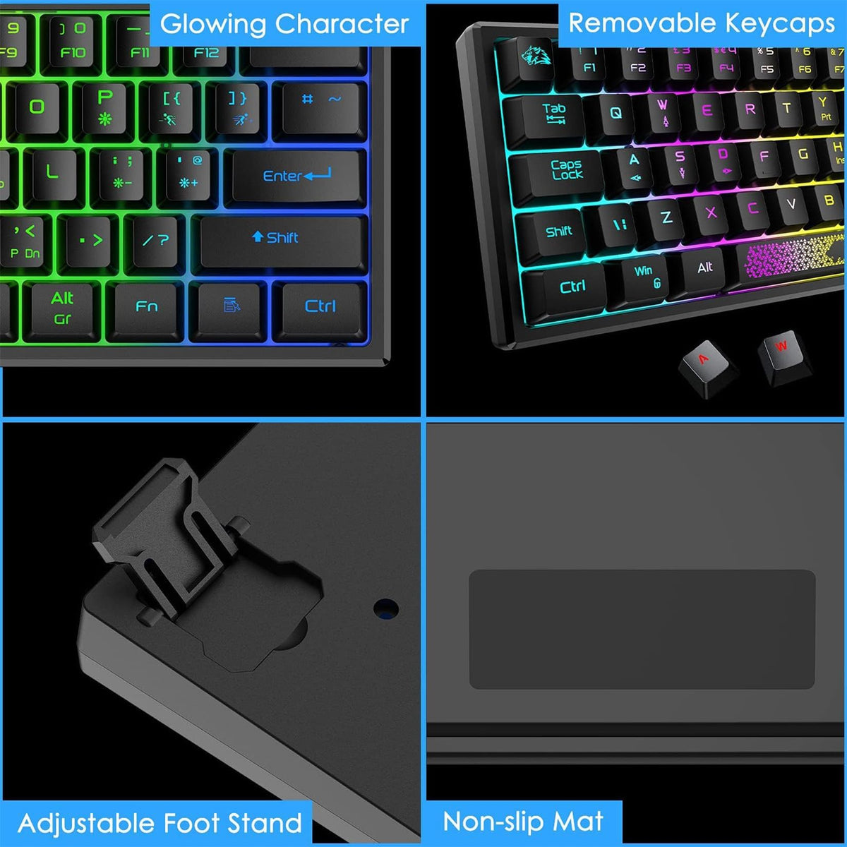 KASTWAVE 60% Wired Gaming Keyboard, RGB Backlit Ultra-Compact Mini Keyboard, Portable 62 Keys Keyboard, Waterproof Percent Mechanical Feeling Keyboard for PC/Mac Gamer, Typist, Travel (Black)