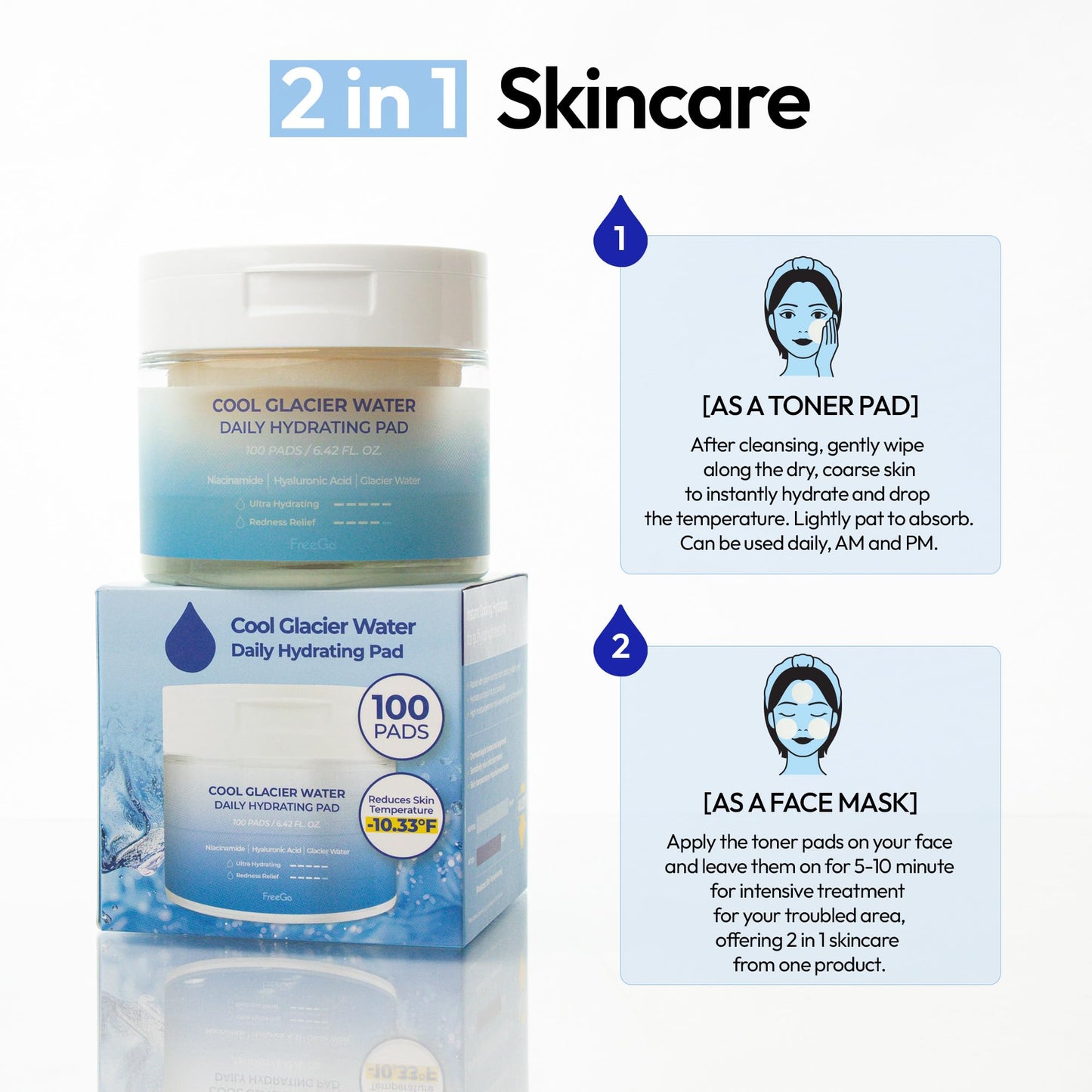 FreeGo Cool Glacier Water Daily Hydrating Pad (100 Pads), K-Beauty Facial Toner Pads for Puffy Dehydrated Skin, Instant Cooling Hydration - Medaid International