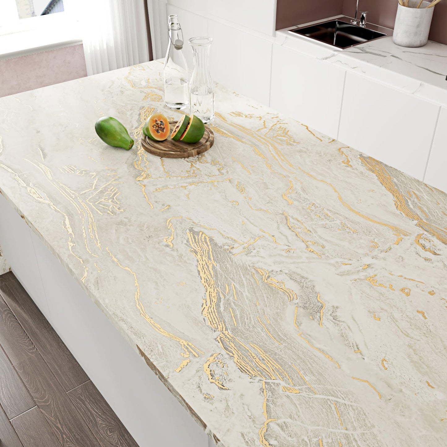 WESTICK Matte Beige/Gold Marble Conatct Paper for Countertops Waterproof Granite Contact Paper Self Adhesive Removable Golden Marble Peel and Stick Wallpaper for Tables Counter Cabinets 15.8" x 80" - Medaid International