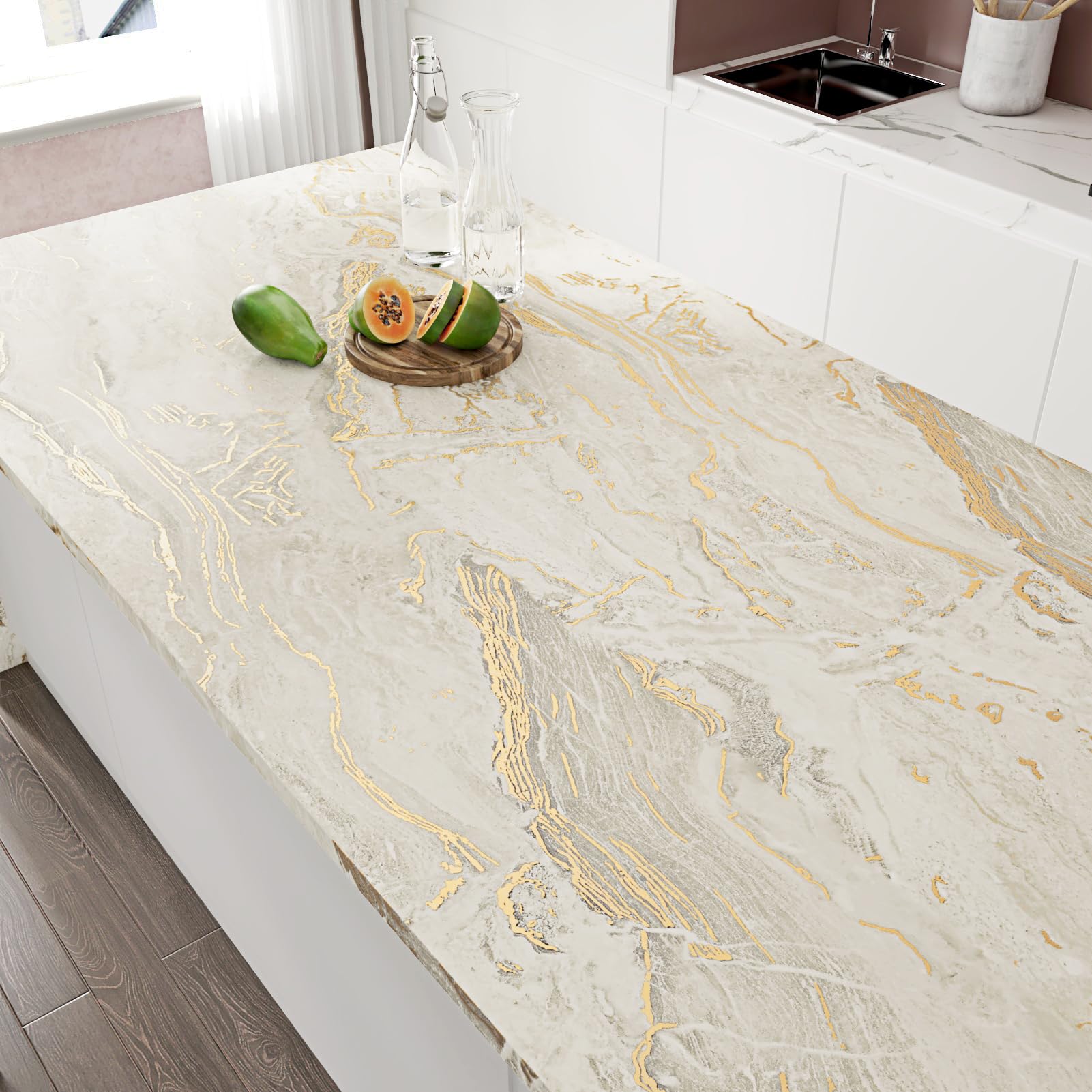 WESTICK Matte Beige/Gold Marble Conatct Paper for Countertops Waterproof Granite Contact Paper Self Adhesive Removable Golden Marble Peel and Stick Wallpaper for Tables Counter Cabinets 15.8" x 80" - Medaid International