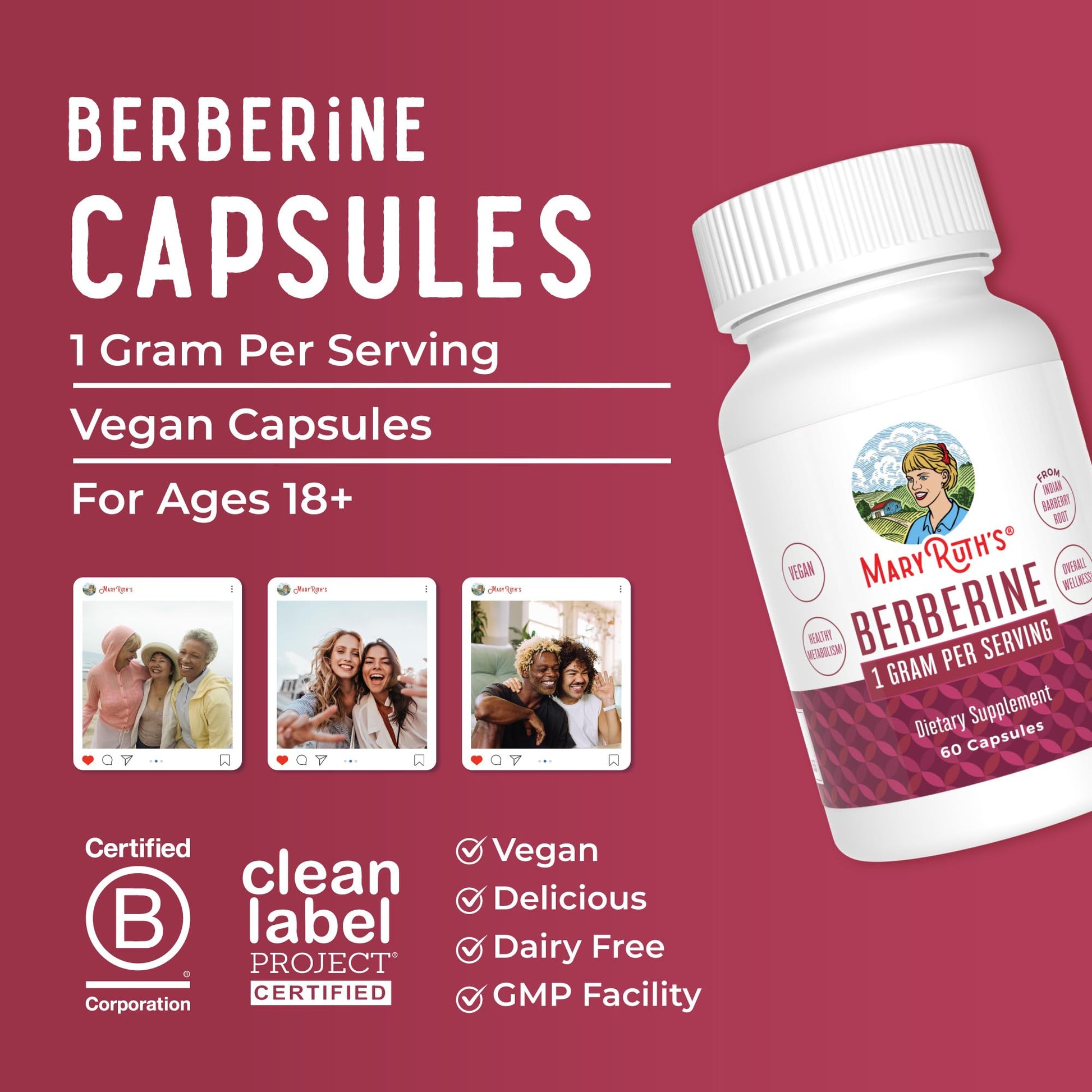MaryRuth Organics Berberine Supplement | 1000 mg Per Serving | 1 g Berberine | Healthy Metabolism with Diet and Exercise | Overall Health | Vegan Capsules | 30 Serving - Medaid International