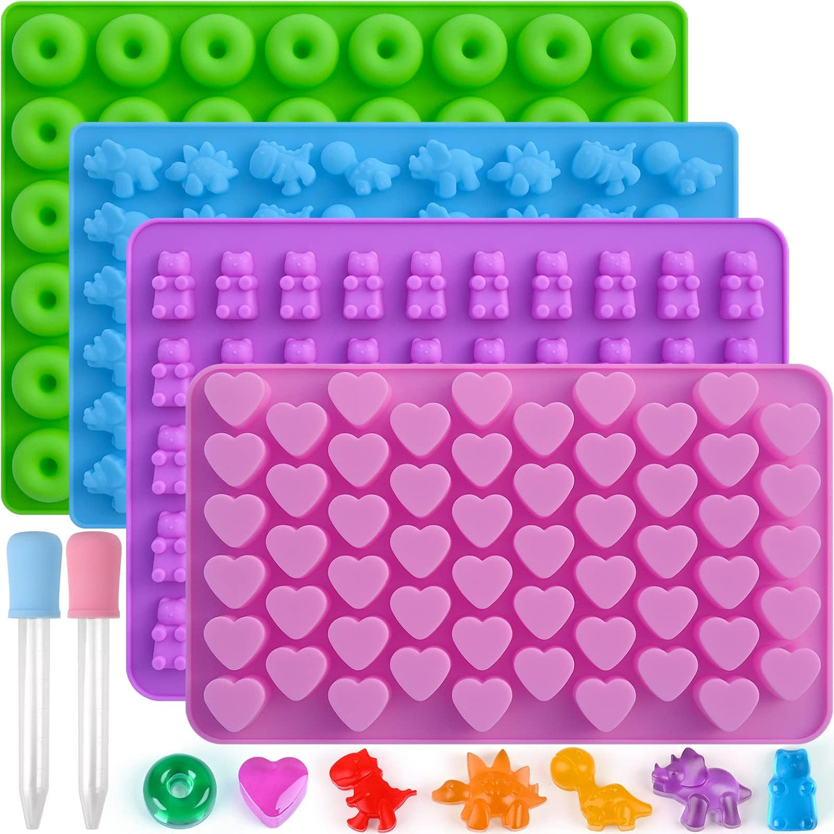 KASTWAVE Gummy Candy Molds Silicone with 2 Droppers Pack of 4 Mini Silicone Molds Including Dinosaur, Bear Shape, Hearts and Donut Gummie Chocolate Molds for Kids