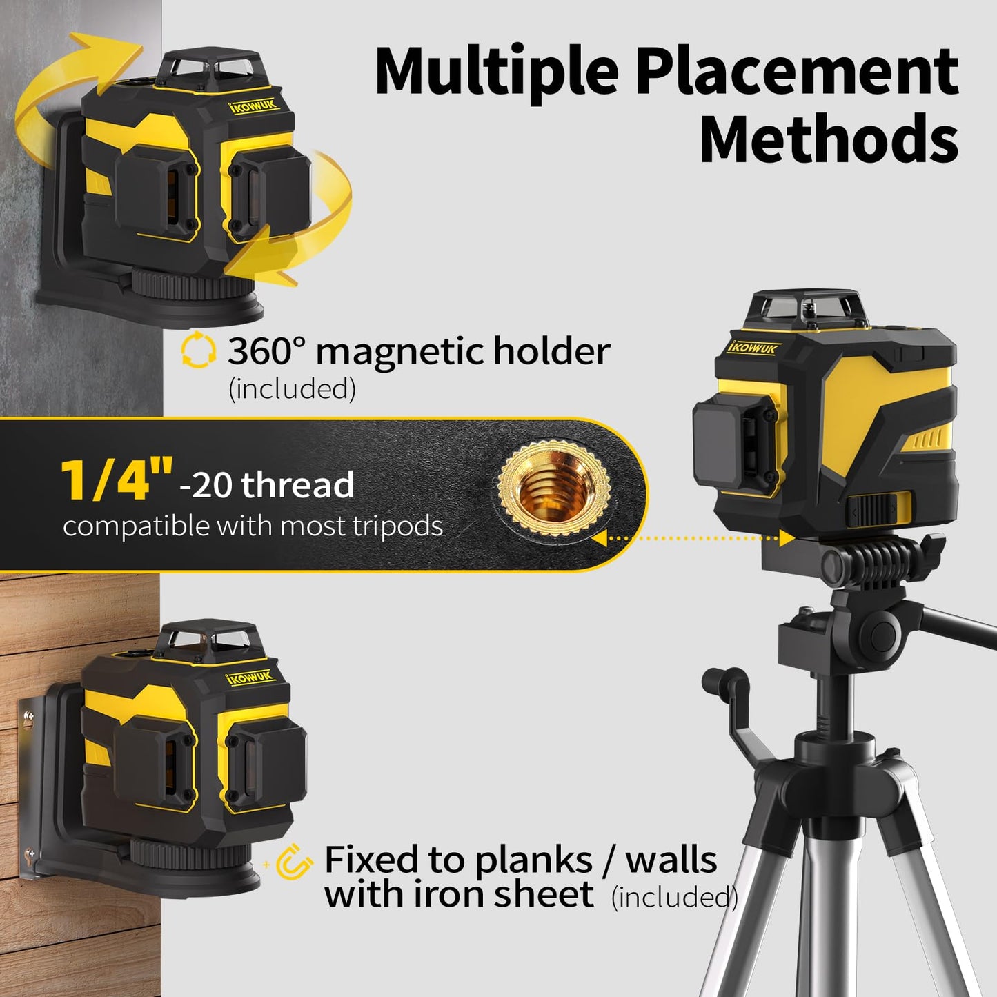 IKOVWUK Laser Level, 3x360° Cross Line Laser for Construction and Picture Hanging, 12 Green Lasers with Self-leveling, 3D Vertical & Horizontal Line, Level Tool with 5200 mAh Rechargeable Battery - Medaid International