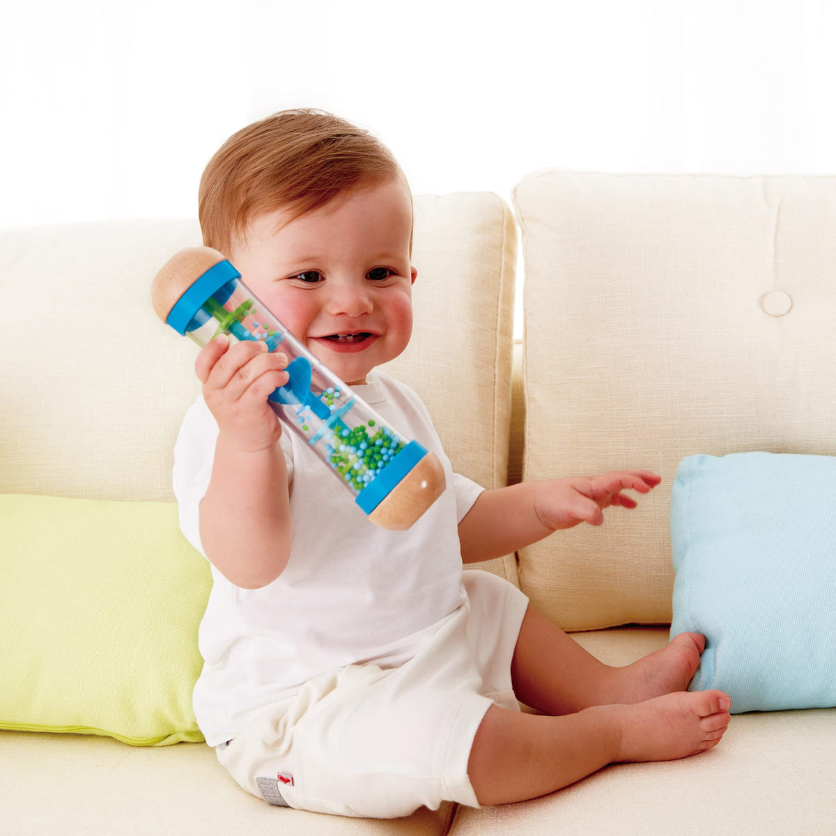 Hape Beaded Raindrops | Mini Wooden Musical Shake & Rattle Rainmaker Toy, Blue,E0328B