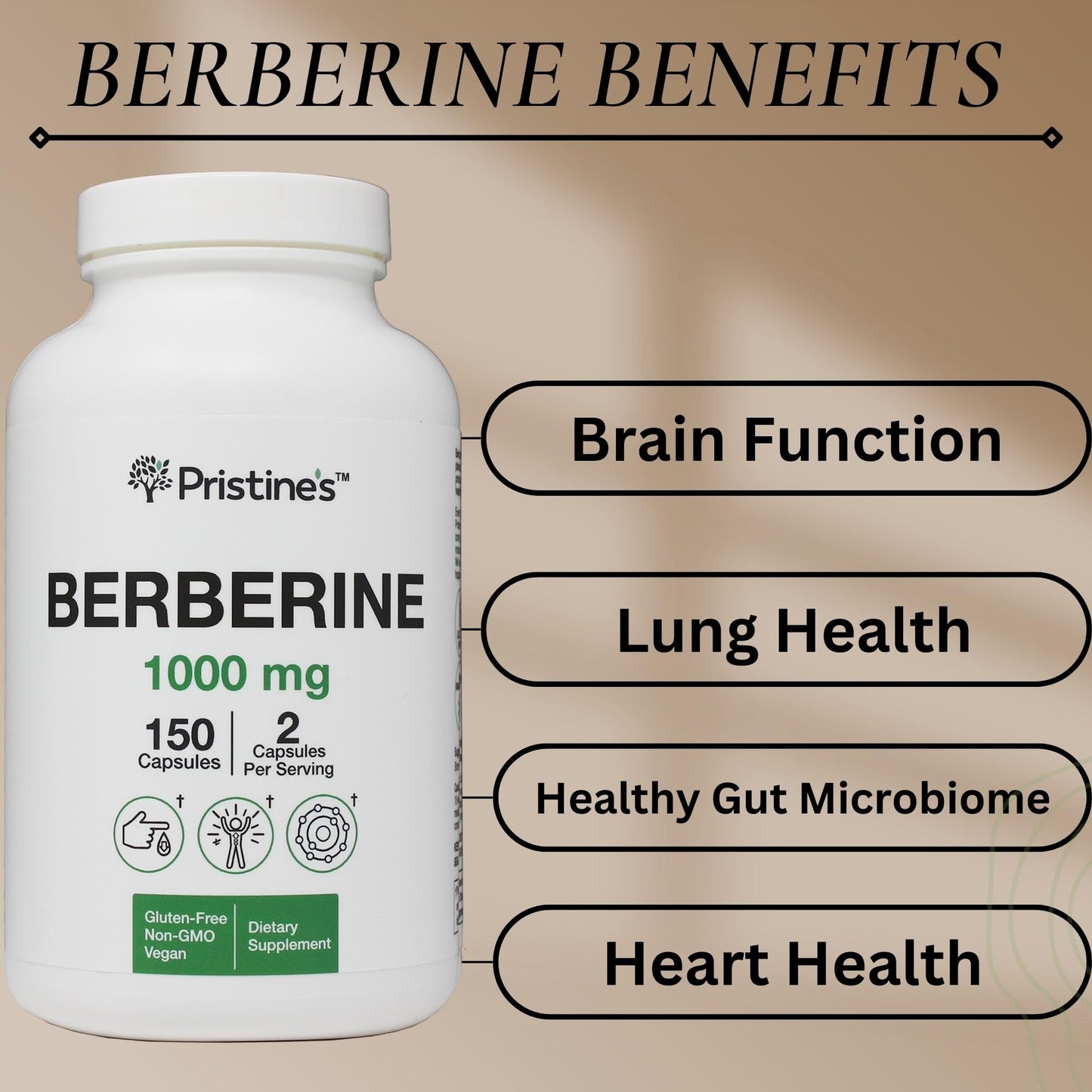 PRISTINE'S Berberine Supplement Capsules - 1000 MG 75 Day Supply 150 Capsules - Heart, & Immunity Health Support Antioxidant - Digestive Tract & Healthy Gut Flora Support - Medaid International