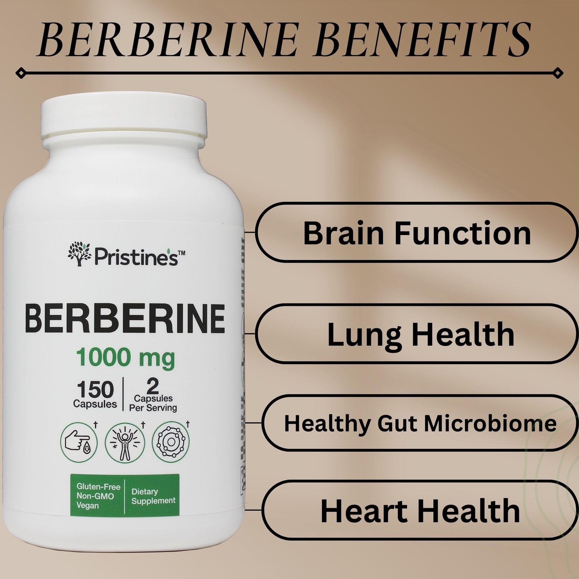 PRISTINE'S Berberine Supplement Capsules - 1000 MG 75 Day Supply 150 Capsules - Heart, & Immunity Health Support Antioxidant - Digestive Tract & Healthy Gut Flora Support - Medaid International