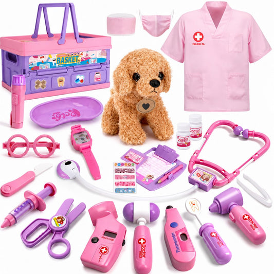 Doctor Set for Kids 3-6, Toy Doctor Kit for Toddlers with Plush Dog, Dress Up Costume, Pretend Play Gift for Girls, Gift for Kids Toddlers Ages 3 4 5 6 Year Old for Role Play