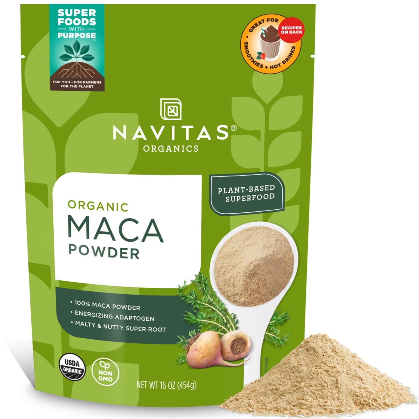 Navitas Organics Maca Powder – 100% Gelatinized Peruvian Maca for Smoothies, Lattes, Baking & More – Energize & Balance - USDA Organic, Non GMO, Vegan, Gluten Free (16oz. Bag, 180 Servings, 2-Pack) - Medaid International