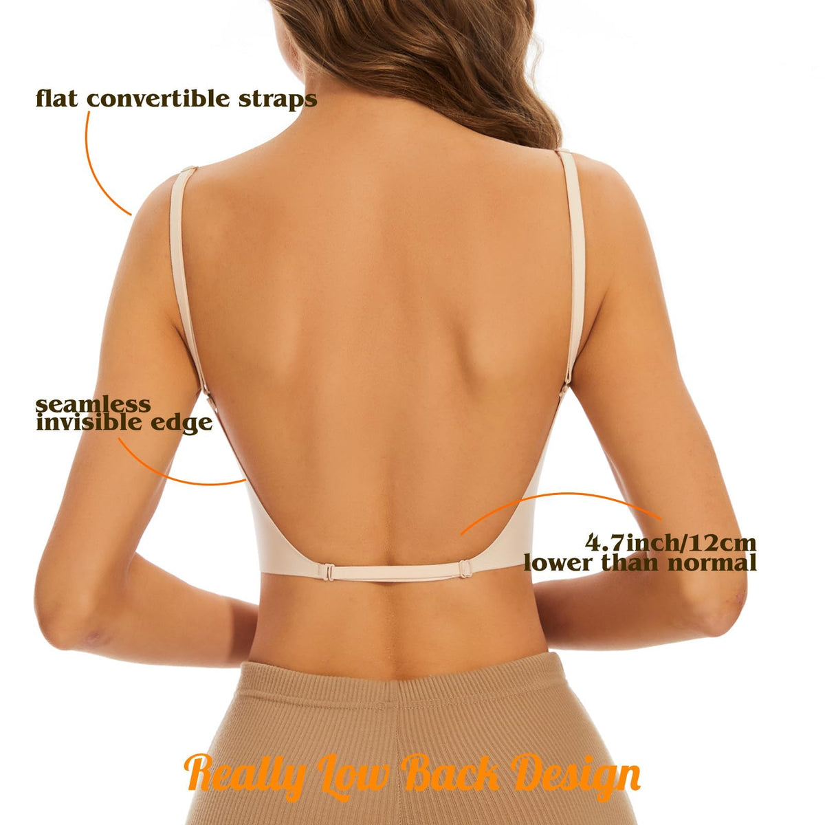 TERRIFI 1Pcs Low Back Bra for Women, Wirefree Seamless Backless Multiway Straps Convertible Halter Bra with Removable Pads, Skin Color Size M