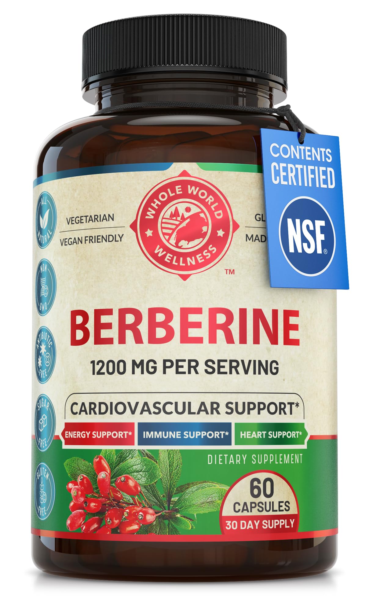 1200mg Berberine Herbal Health Capsules Support Heart and Cardiovascular Health, Help Maintain Healthy Cholesterol, Triglyceride, Blood Sugar Levels, Supports Digestion, Boosts Metabolism, 60 Capsules - Medaid International