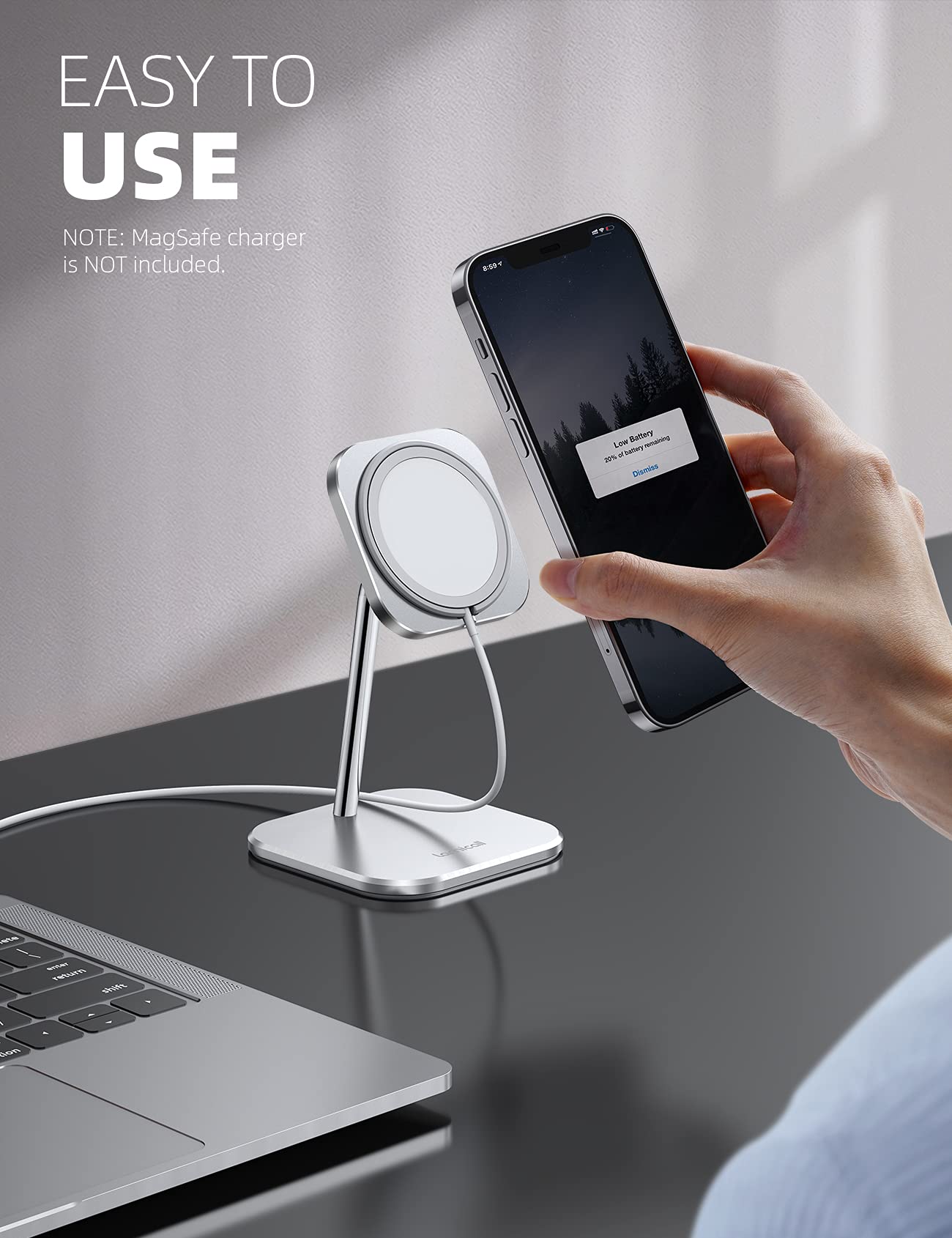 Lamicall Phone Stand for Apple 15W MagSafe Charger - [Charger Not Included] 360 Rotation Adjustable Aluminum Charging Holder Dock for Desk, Compatible with iPhone 17 16 15 14 Air, Pro, Pro Max, Plus - Medaid International