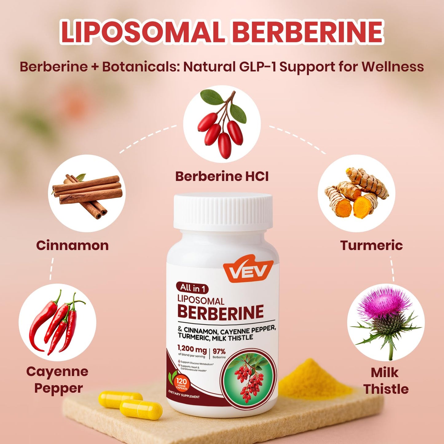 VEV Berberine Supplement with Ceylon Cinnamon, Cayenne Pepper, Turmeric, Milk Thistle, Vegan & Non-GMO – 120 Capsules - Medaid International