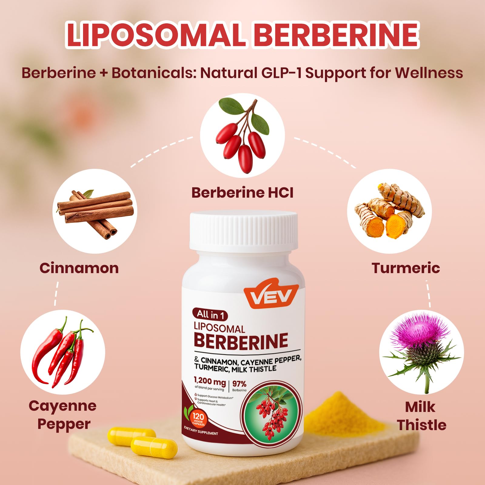 VEV Berberine Supplement with Ceylon Cinnamon, Cayenne Pepper, Turmeric, Milk Thistle, Vegan & Non-GMO – 120 Capsules - Medaid International
