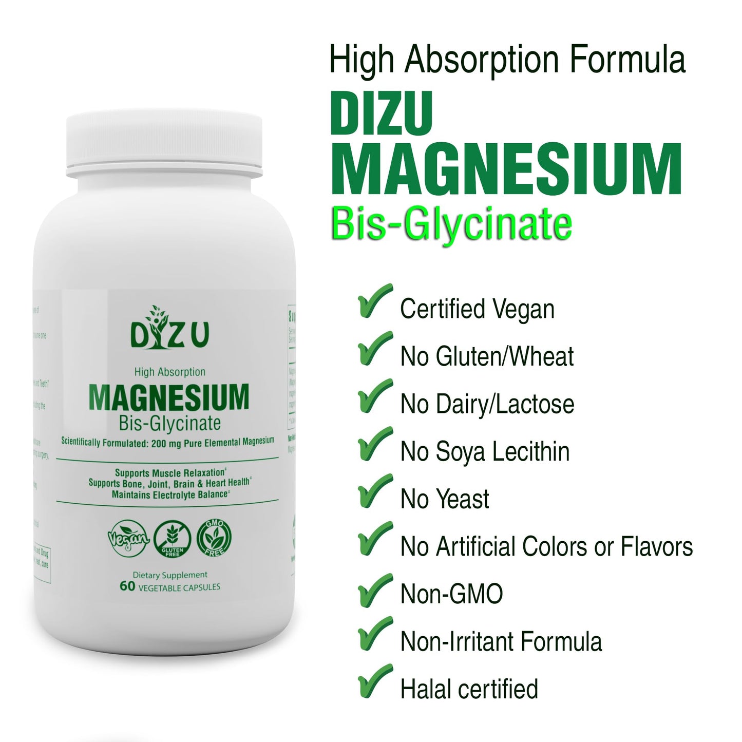 Magnesium Bisglycinate (Glycinate) 200 mg – High Absorption Chelated – Supports Sleep, Stress, Muscles, Nerves, Bones, Heart & Energy – Vegan, Non-GMO, Lab-Tested – 60 Capsules - Medaid International