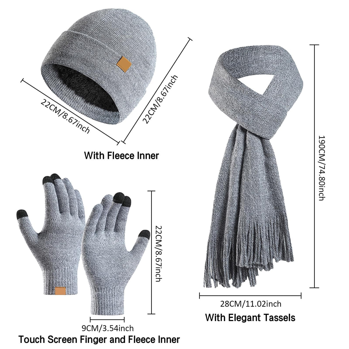 KASTWAVE 3PCS Winter Warm Hat Scarf Gloves Set, Beanie Warm Cotton Scarves, Winter Beanie Hat Scarf Gloves Set For Women Men