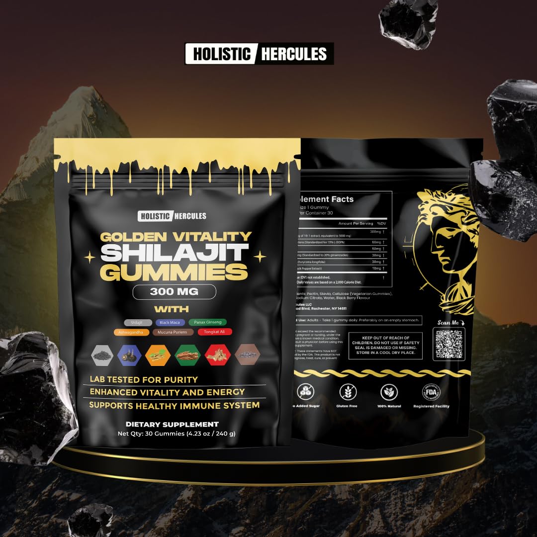 Holistic Hercules Himalayan Gold Shilajit Gummies with Ashwagandha Black Maca Tongkat Ali Panax Ginseng Mucuna | 100% Natural Organic | Vegan Non-GMO Sugar-Free (30) - Medaid International