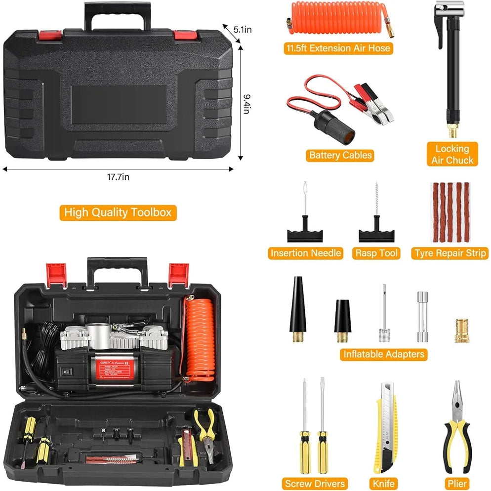 Portable Air Compressor Pump Tire Inflator with Digital Gauge, Heavy Duty Double Cylinder 12V Tire Pump 150 PSI with Tire Repair Kit