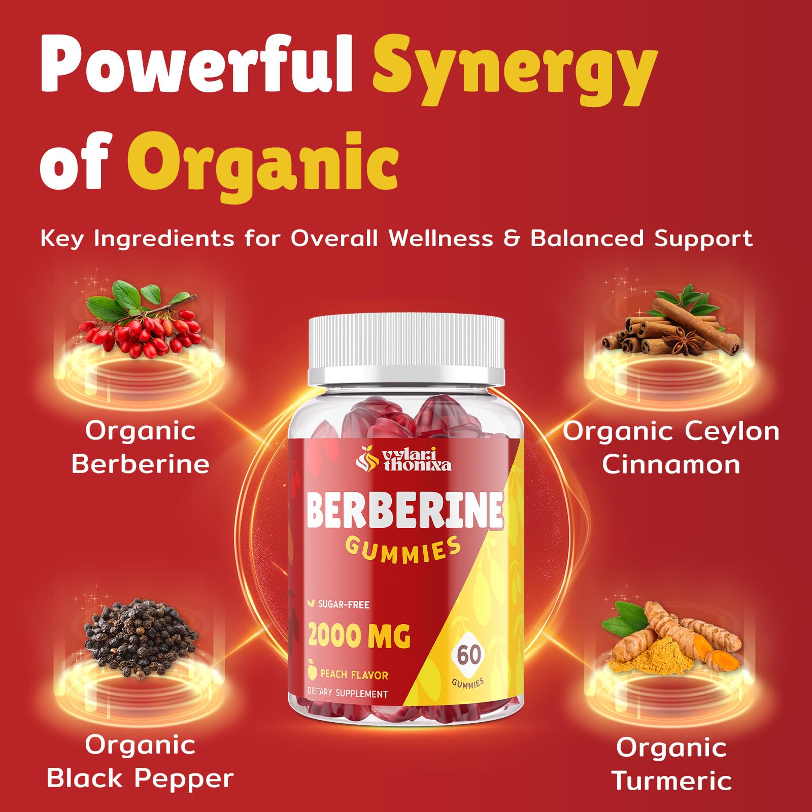 2000mg Berberine Supplement Gummies – High Potency Wellness Blend with Ceylon Cinnamon, Turmeric, Magnesium & Chromium, Vegan, Non-GMO, Gluten-Free, Peach Flavor, 60 Gummies - 1 Pack - Medaid International