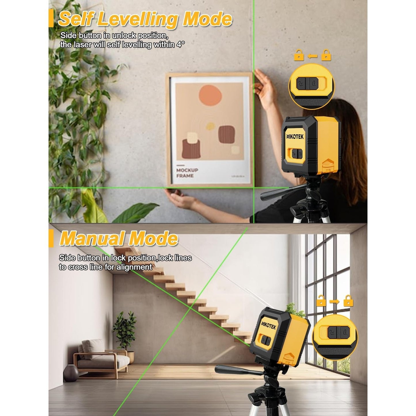 Nikotek Laser Level with Tripod, Self-Leveling Green Beam Horizontal and Vertical Cross-Line Laser for Home Decoration Carrying Pouch, Battery Included - Medaid International