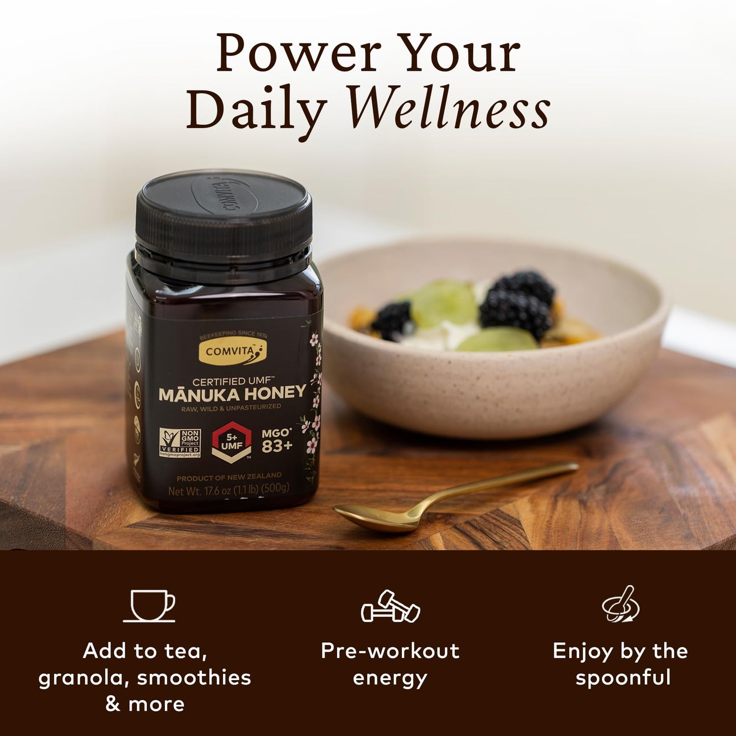 Comvita Manuka Honey UMF 5+ (MGO 83+) - Raw Manuka Honey New Zealand, Pure & Unpasteurized, Superfood for Immune Health, Use in Tea, Wild, Monofloral, Non-GMO - 500g (17.6 oz) - Medaid International
