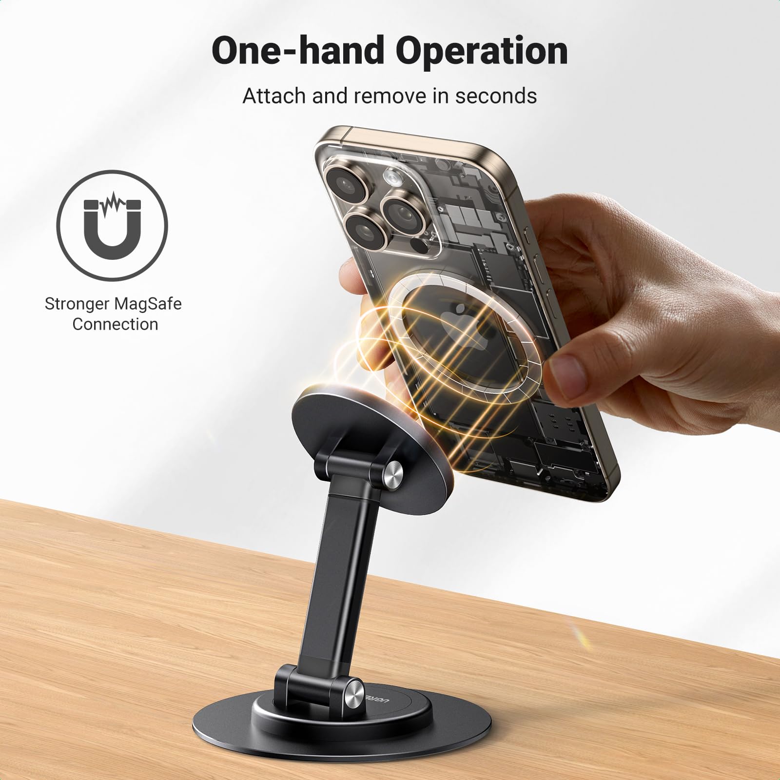 UGREEN Magnetic Phone Stand for MagSafe, Height Adjustable iPhone Stand for Desk with 360° Rotation Compatible for iPhone 17 Air 16 Pro 15 Pro Max 14 Plus 13 12 and MagSafe Case, Black - Medaid International